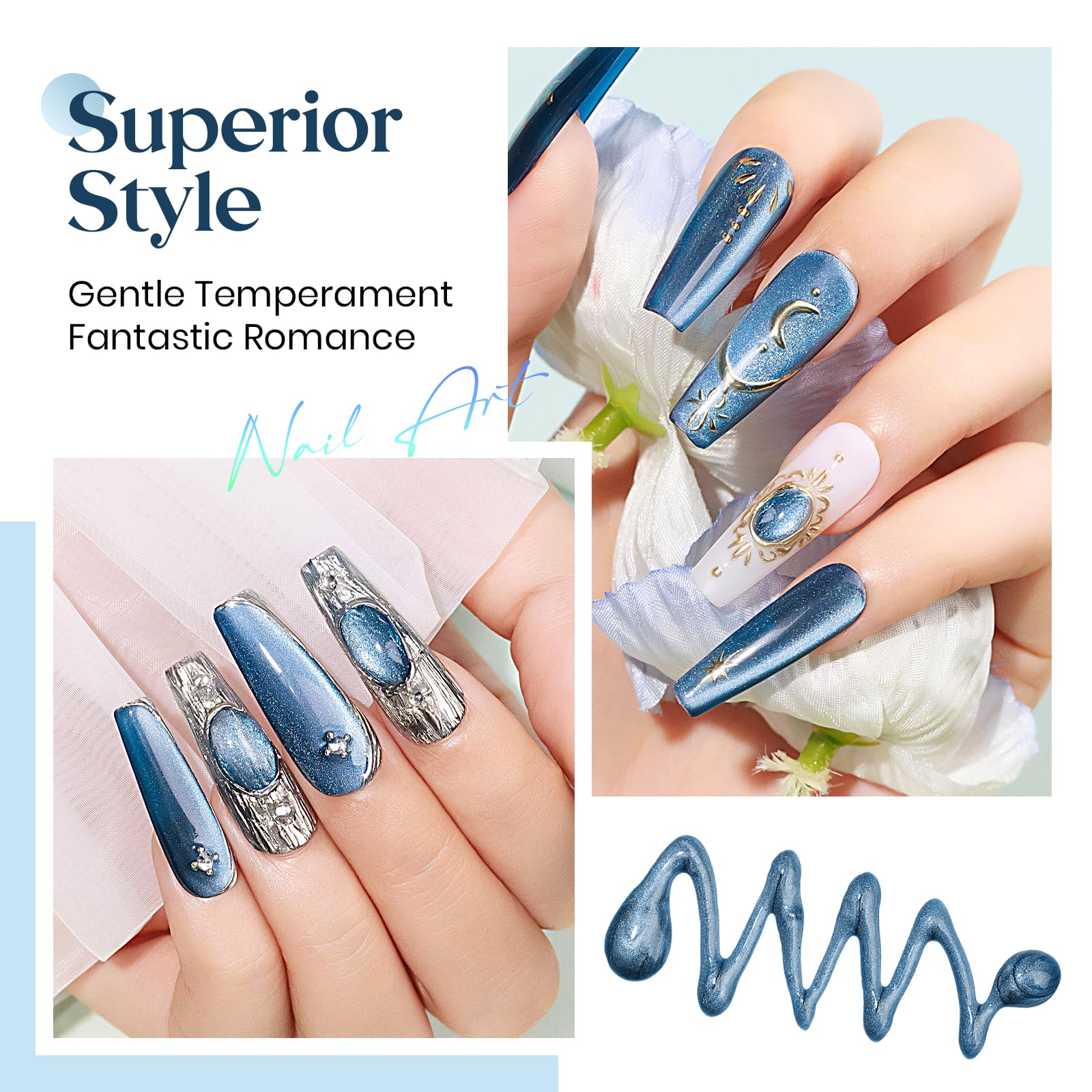 Mizhse Cat Eye Gel Nail Polish: Blue Magnetic Gel Polish With Magnet Stick Metallic Mirror Chrome Powder, Maillard Style Magic E
