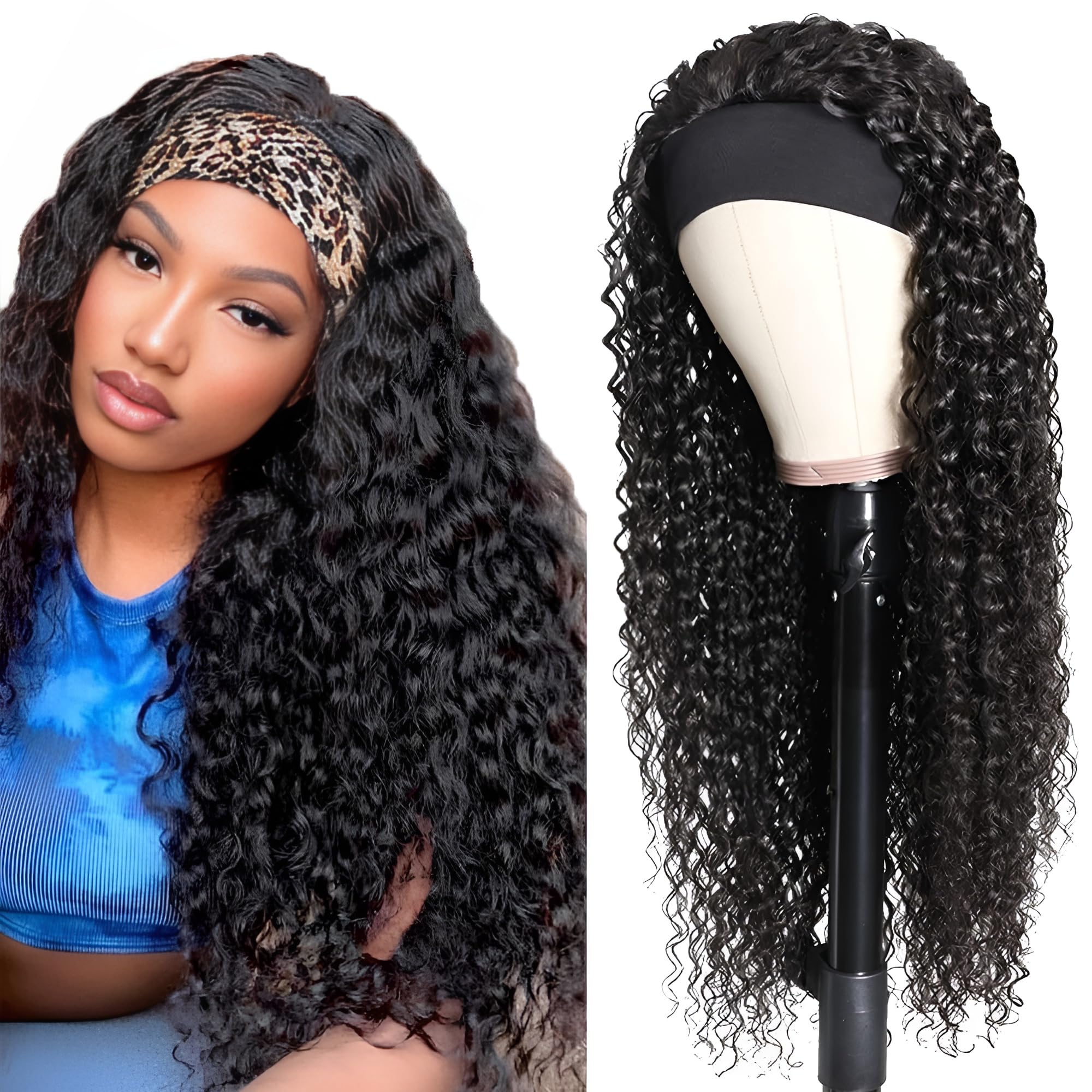 NICMISS Deep Wave Headband Wig Human Hair Curly Headband Wigs for Black Women Human Hair 26 Inch Glueless None Lace Front Wig Br