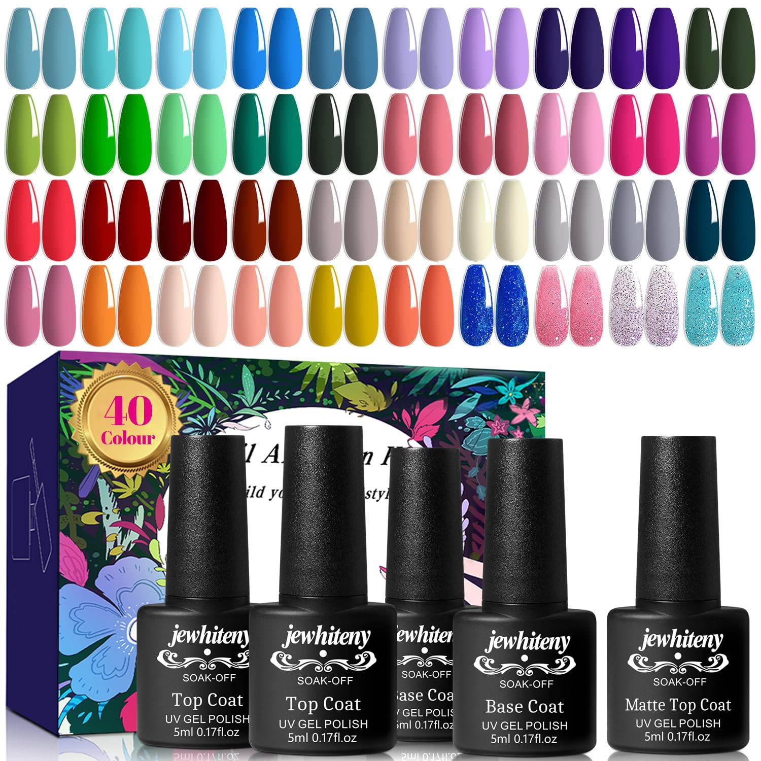 JEWHITENY 45 Pcs Gel Nail Polish Kit, Soak off Nail Lamp Gel Polish Starter Kit with 2pcs Glossy & Matte Top Coat and 2pcs Base 
