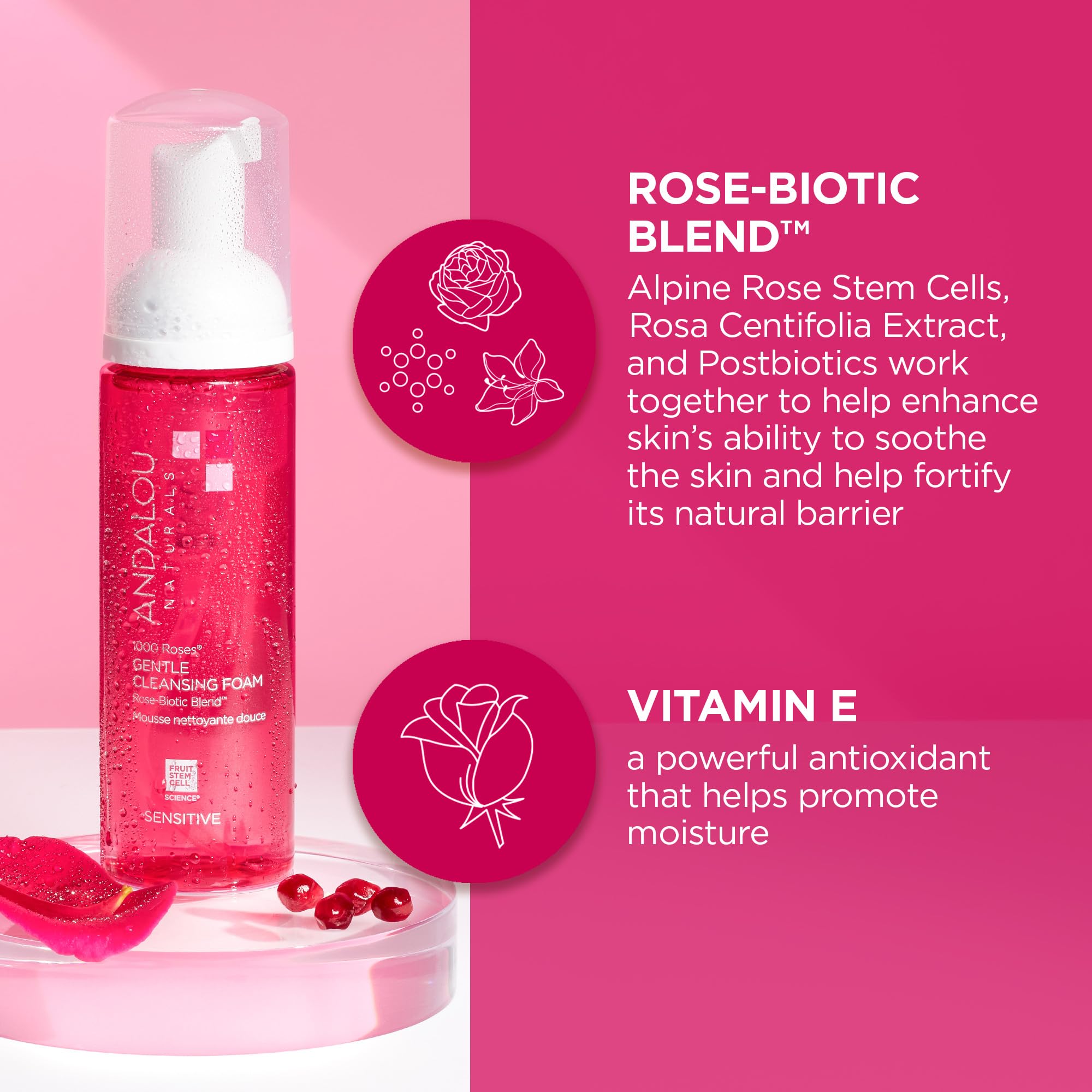 Andalou Naturals 1000 Roses Gentle Cleansing Foam | Foaming Face Wash with Rose Stem Cells & Organic Aloe Leaf Juice | Hydrating