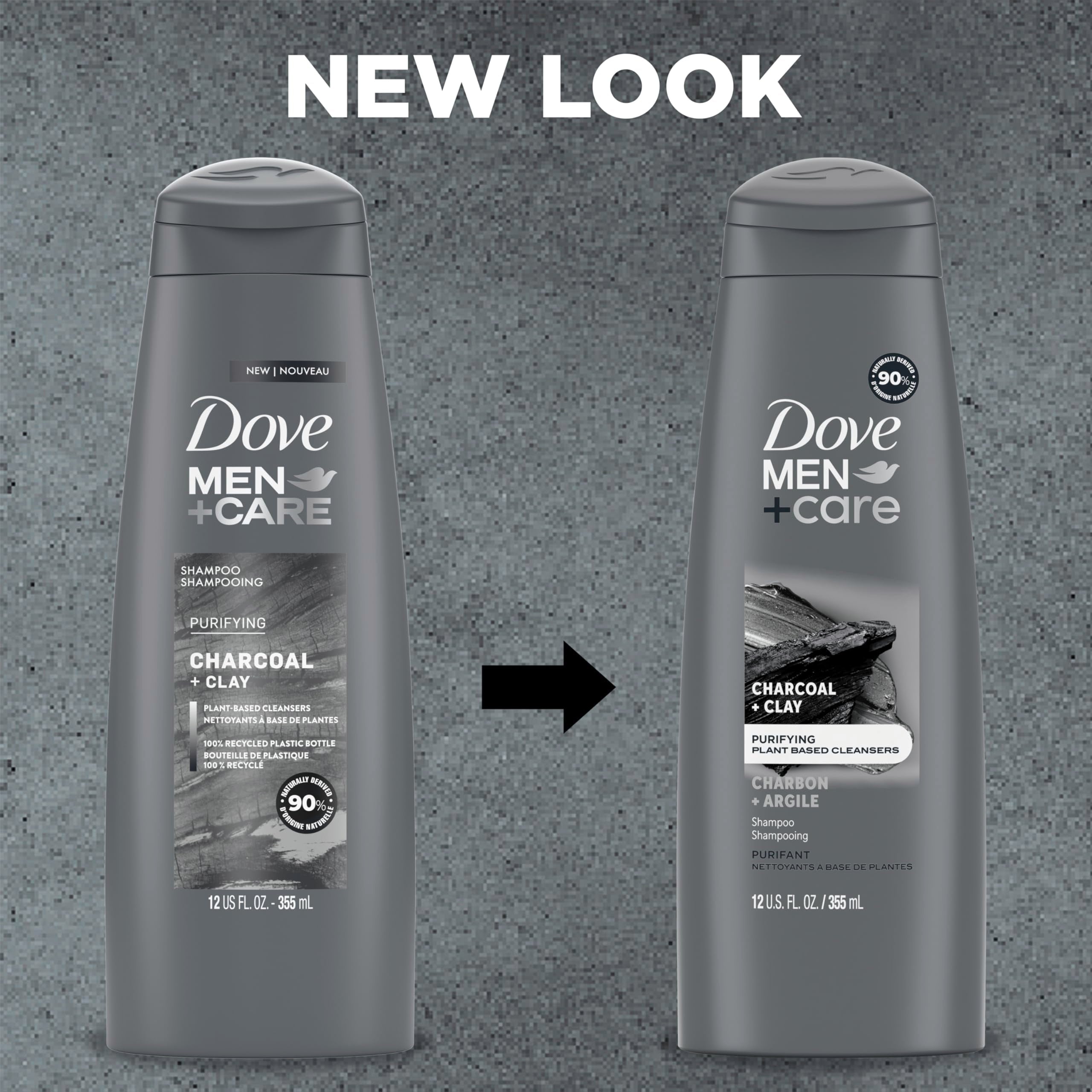 DOVE MEN + CARE Shampoo Charcoal + Clay for Healthy-Looking Hair Naturally Derived Plant Based Cleansers 12 oz
