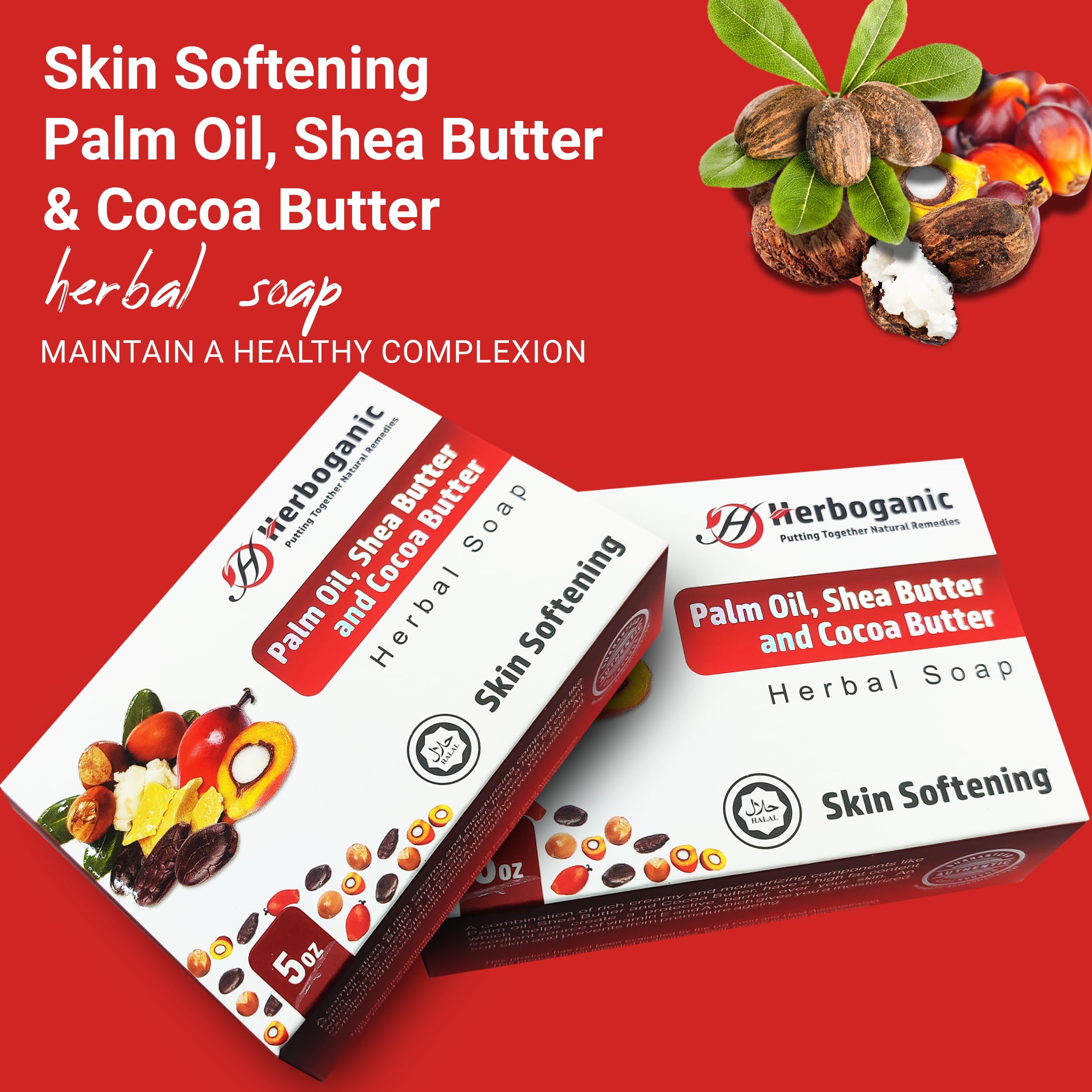 HERBOGANIC Palm oil, Shea Butter and Cocoa Butter Herbal Soap | Pack of 3 of 5oz soap Bar | Natural Bar Soap for Face and Body |