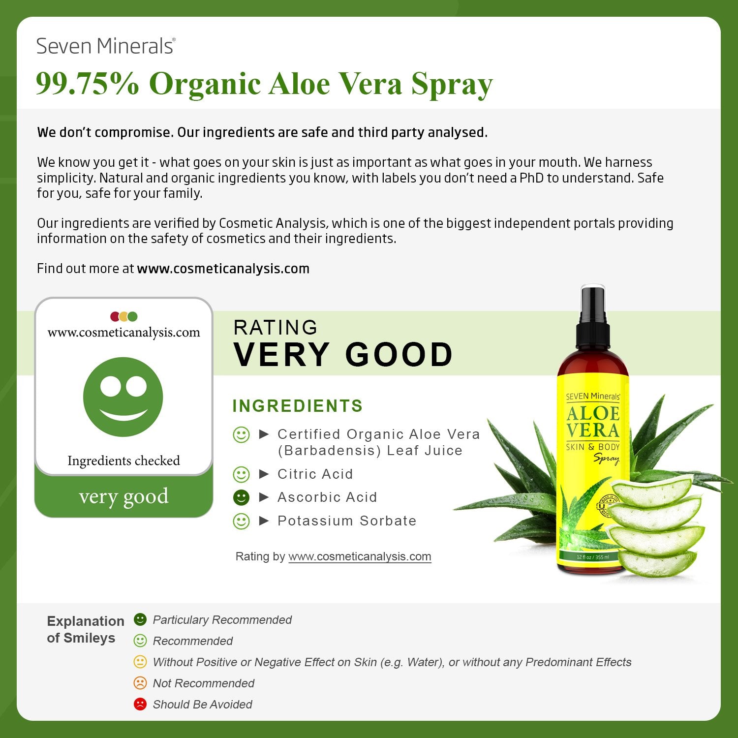 Seven Minerals Travel Size Organic Aloe Vera Spray with 100% Pure Aloe From Freshly Cut Aloe Plant, Not Powder - No Xanthan,So I