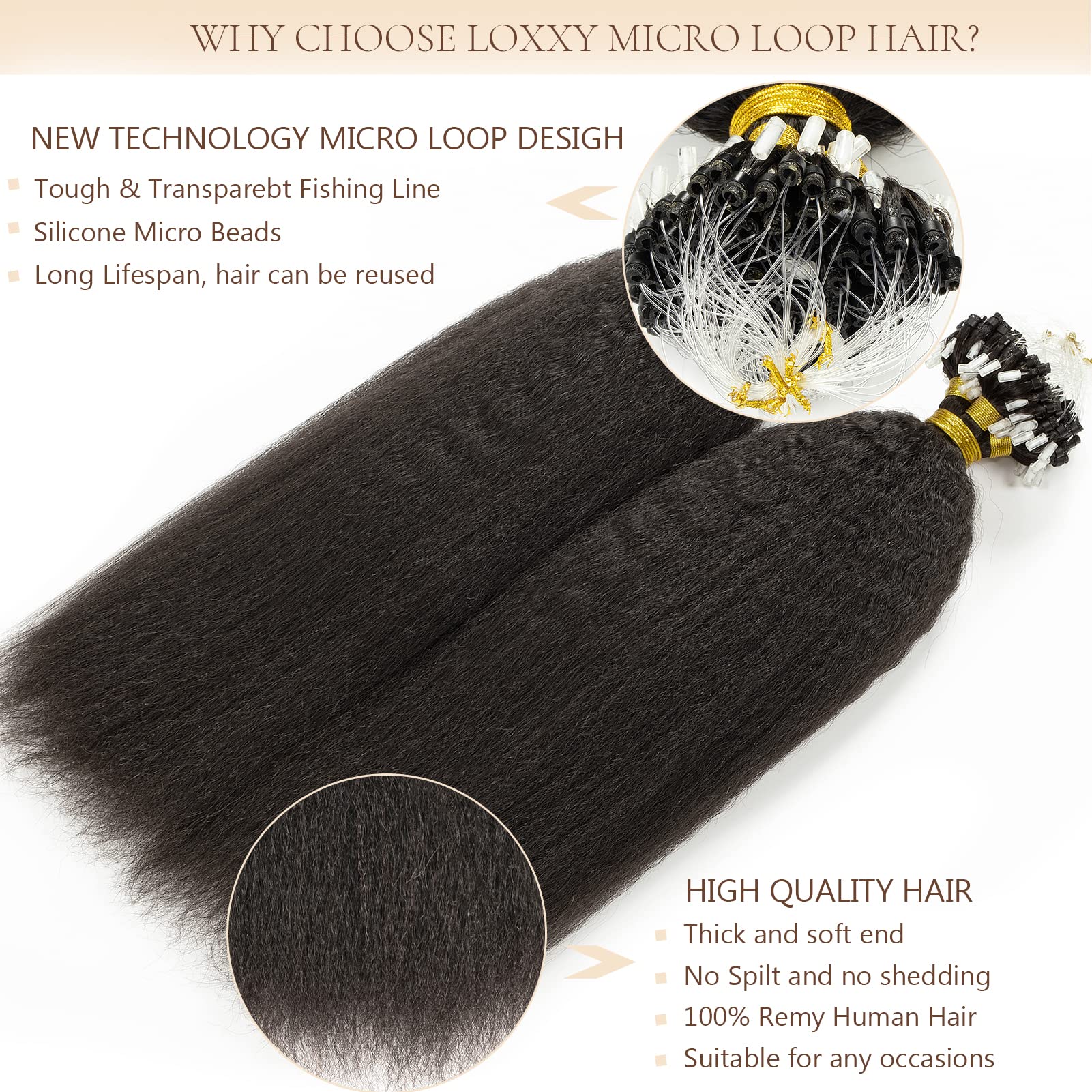 Microloop Hair Extensions Real Human Hair For Black Women 100 Strands 22Inch Natural Black #1B Kinky Straight Micro Links Hair E