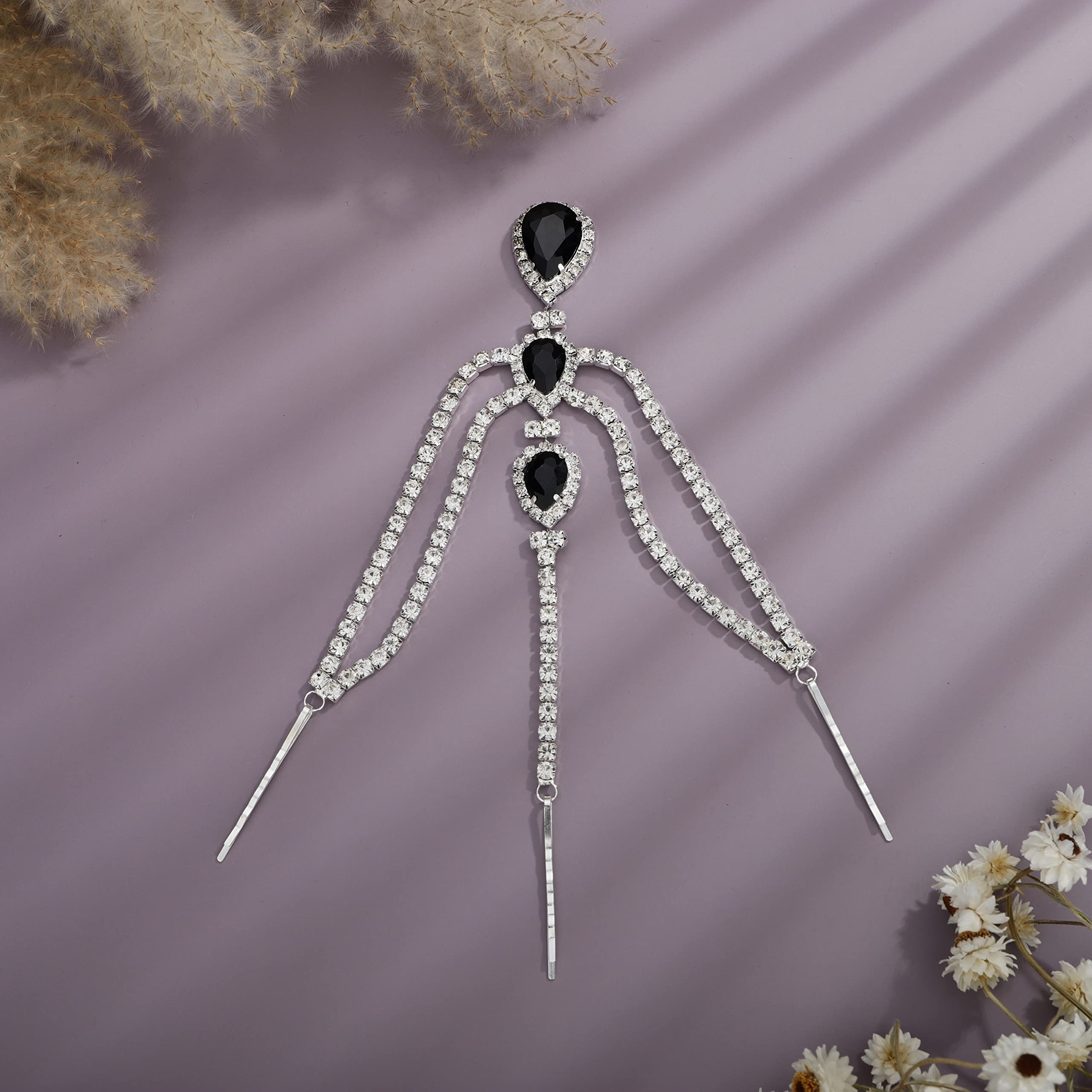YERTTER Bohemian Full Silver Rhinestone Chain Black Crystal Head Chain Clip Drop Pendant HeadPieces Forehead Headband Hair Acces