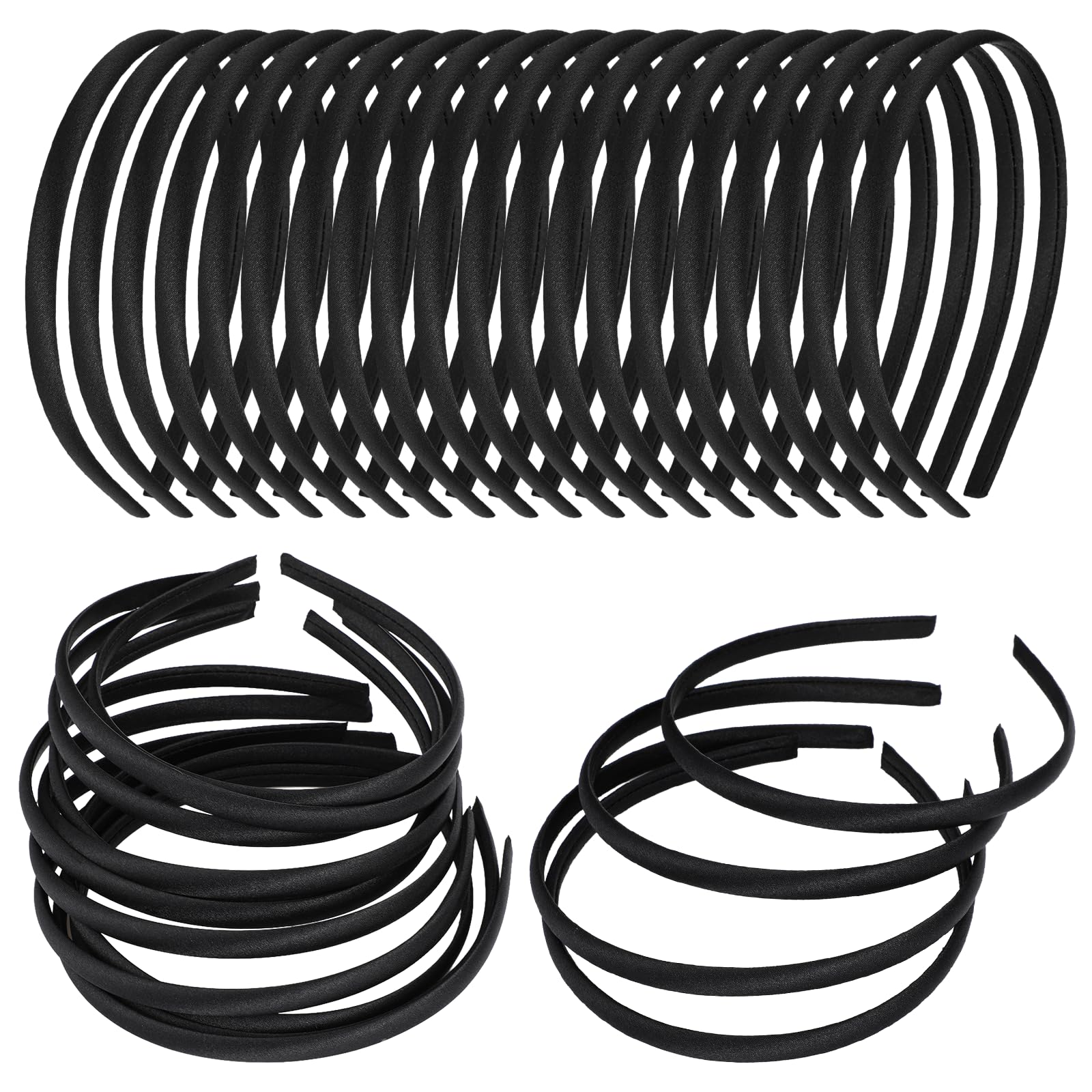 Yolev 20pcs Black Satin Headbands for Women Girls Non-Slip Fabric Thin Skinny Black Headbands Head Bands Hairbands for Women Gir