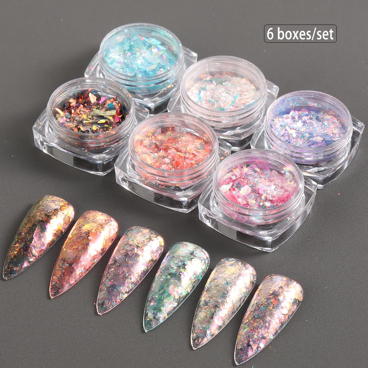 Fcozpjk Opal Nail Art Glitter Flakes, 6 Boxes Holographic Chunky Glitter Flakes Kit, Aurora Effect For Nails, Chameleon Nail Fla
