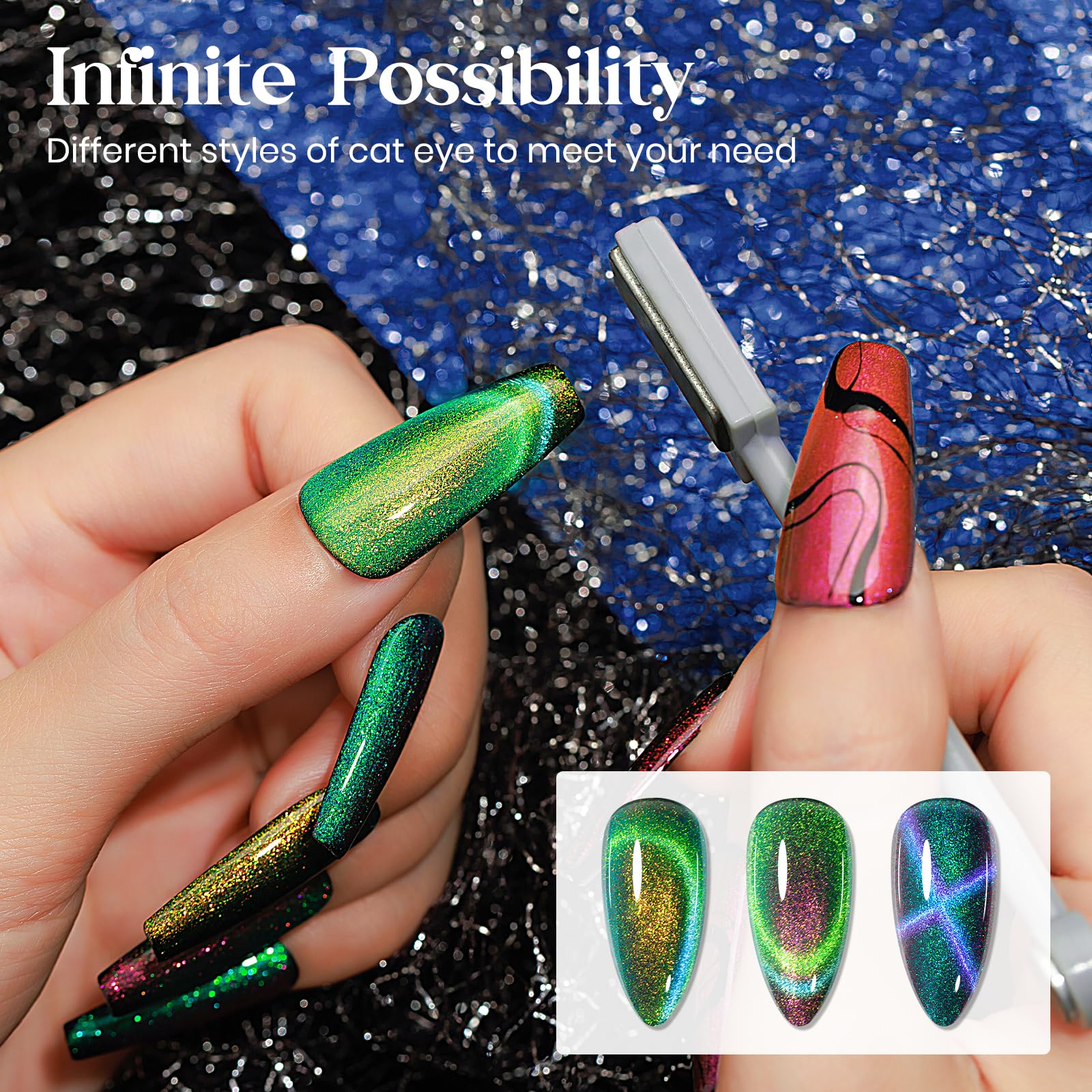 Mizhse 9D Cat Eye Gel Nail Polish 8X10Ml, Dual Color Galaxy Magnetic Nail Polish Gel, Magic Cateye Chameleon Diy Nail Art Manicu