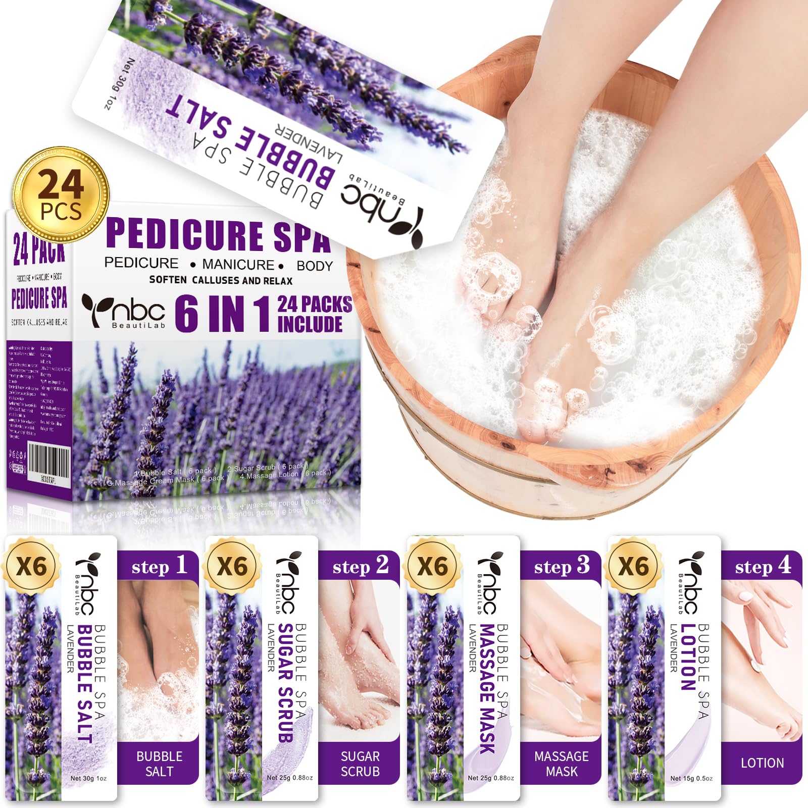 nbc BeautiLab 24 PCS Foot Soak, Pedicure Kit Foot Soak Set With Bubble Salt, Sugar Scrub, Massage Mask, Massage Lotion In a Box 