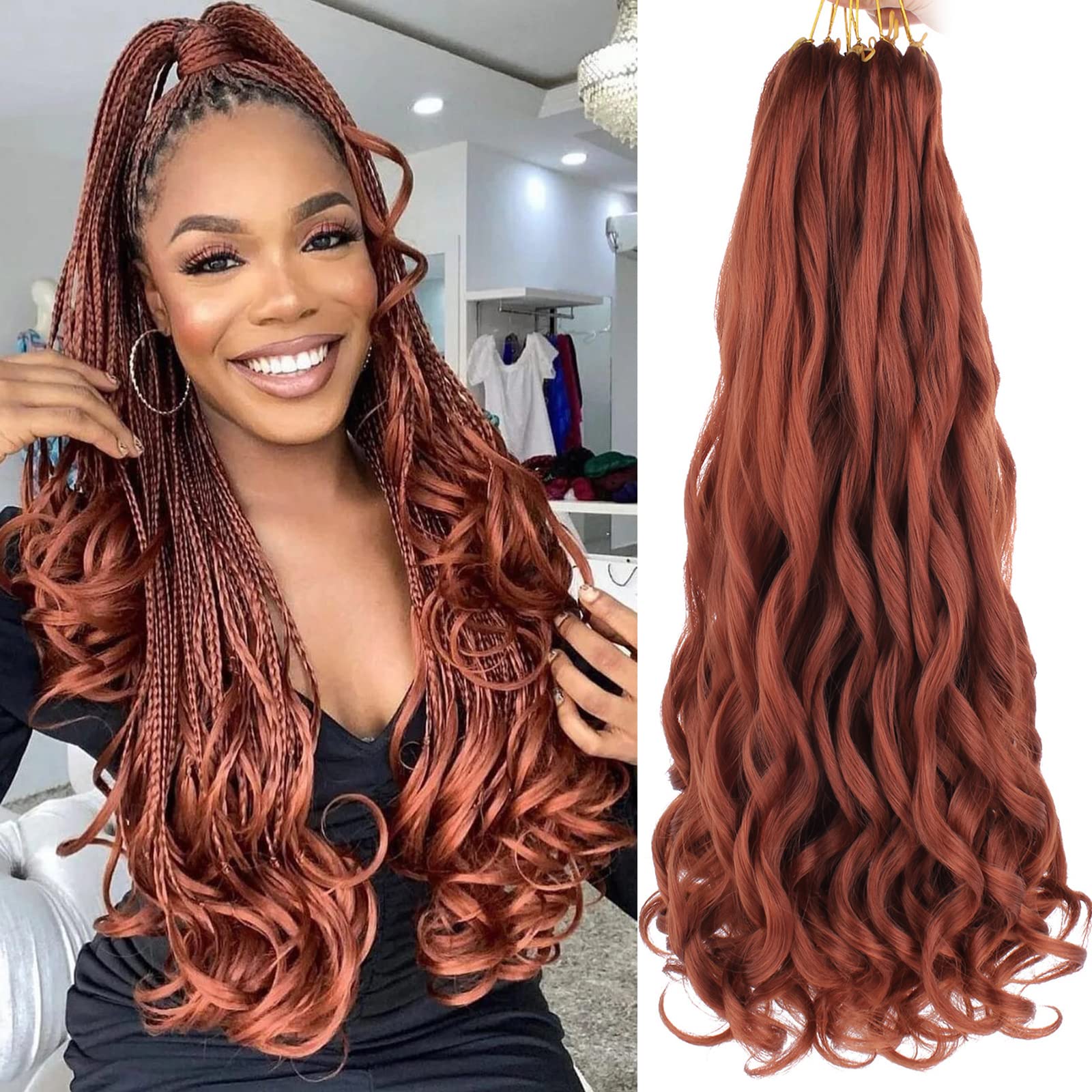 Unionbeauty 8 Packs French Curly Braiding Hair Ginger 22 Inch Pre Stretched Bouncy Braiding Hair Loose Wavy Crochet Braids Hair 