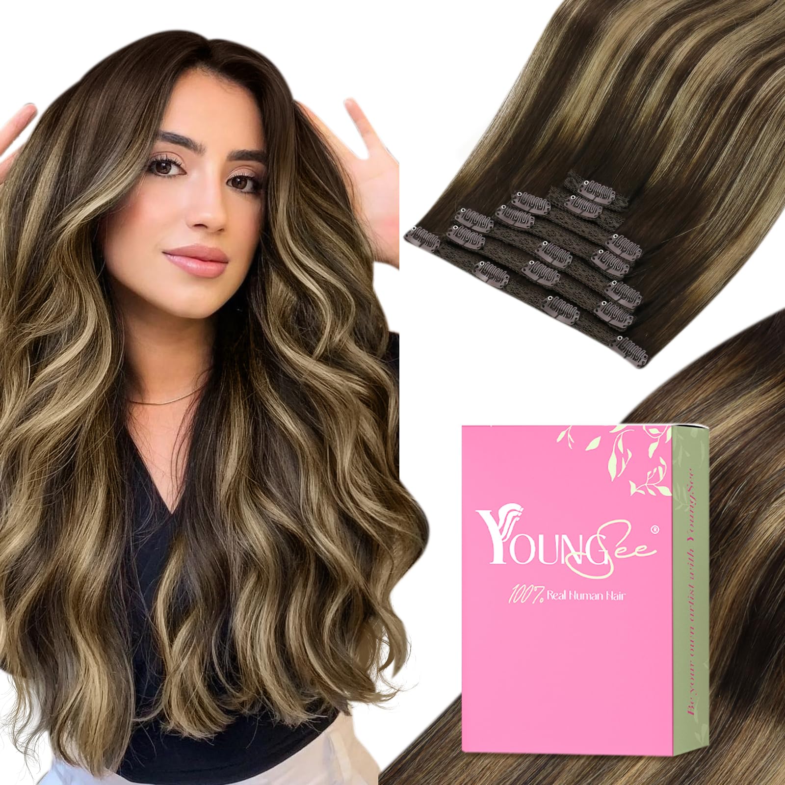 YoungSee 135g Clip in Extensions Real Human Hair Brown Balayage Clip in Real Hair Extensions Balayage Chocolate Brown Mix Carame