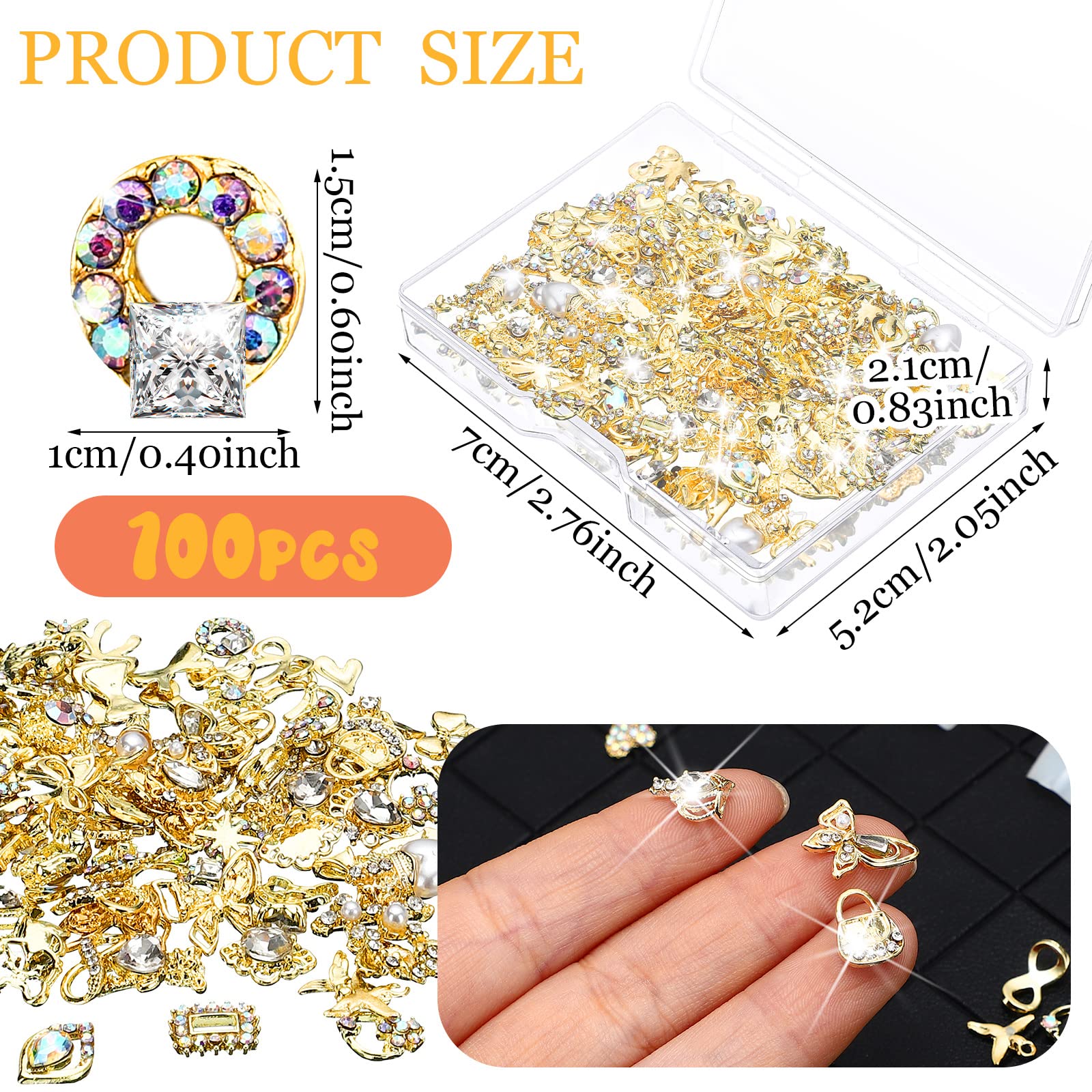 100 Pcs Gold Nail Charms For Acrylic Nails Gold Nail Rhinestones 3D Nail Charms Heart Nail Gems Luxury Decor Diamonds For Nail A