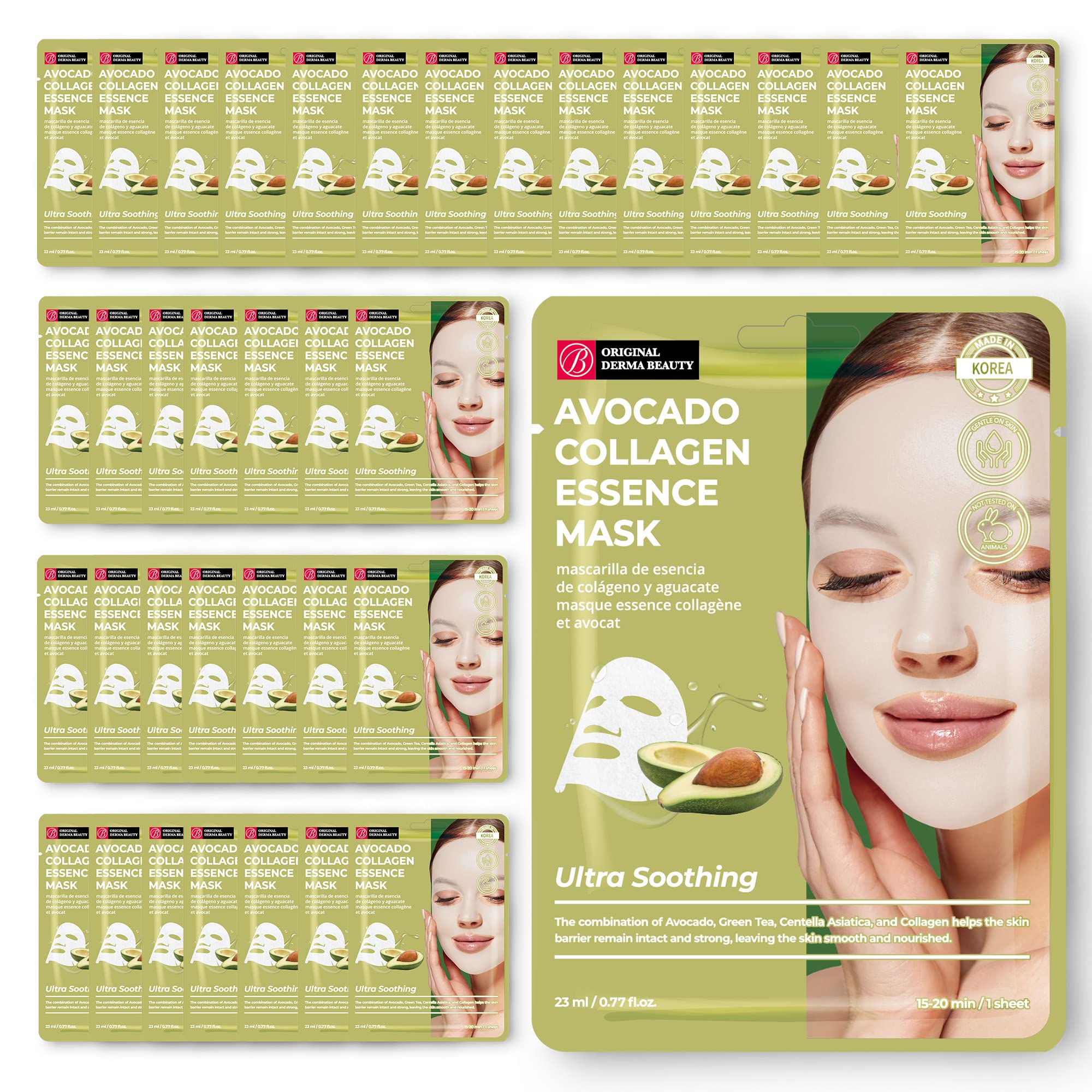 Innerest Original Derma Beauty Collagen Face Masks 36 Pk Ultra Soothing Avocado Face Mask Skin Care Sheet Masks Set For Beauty &