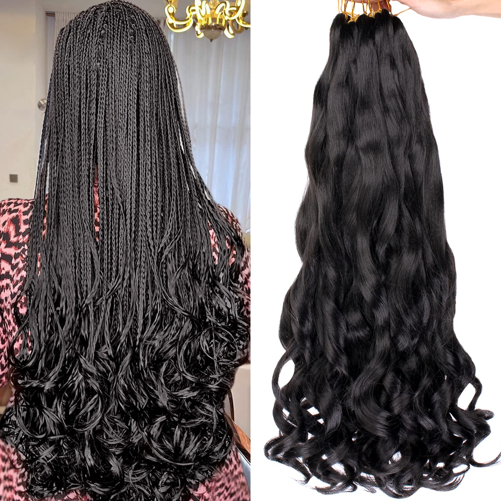 COOKOO 9 Packs 22 Inch French Curl Braids Hair Natural Black Pre Stretched Bouncy Braiding Hair Loose Wavy Crochet Braids Hair F