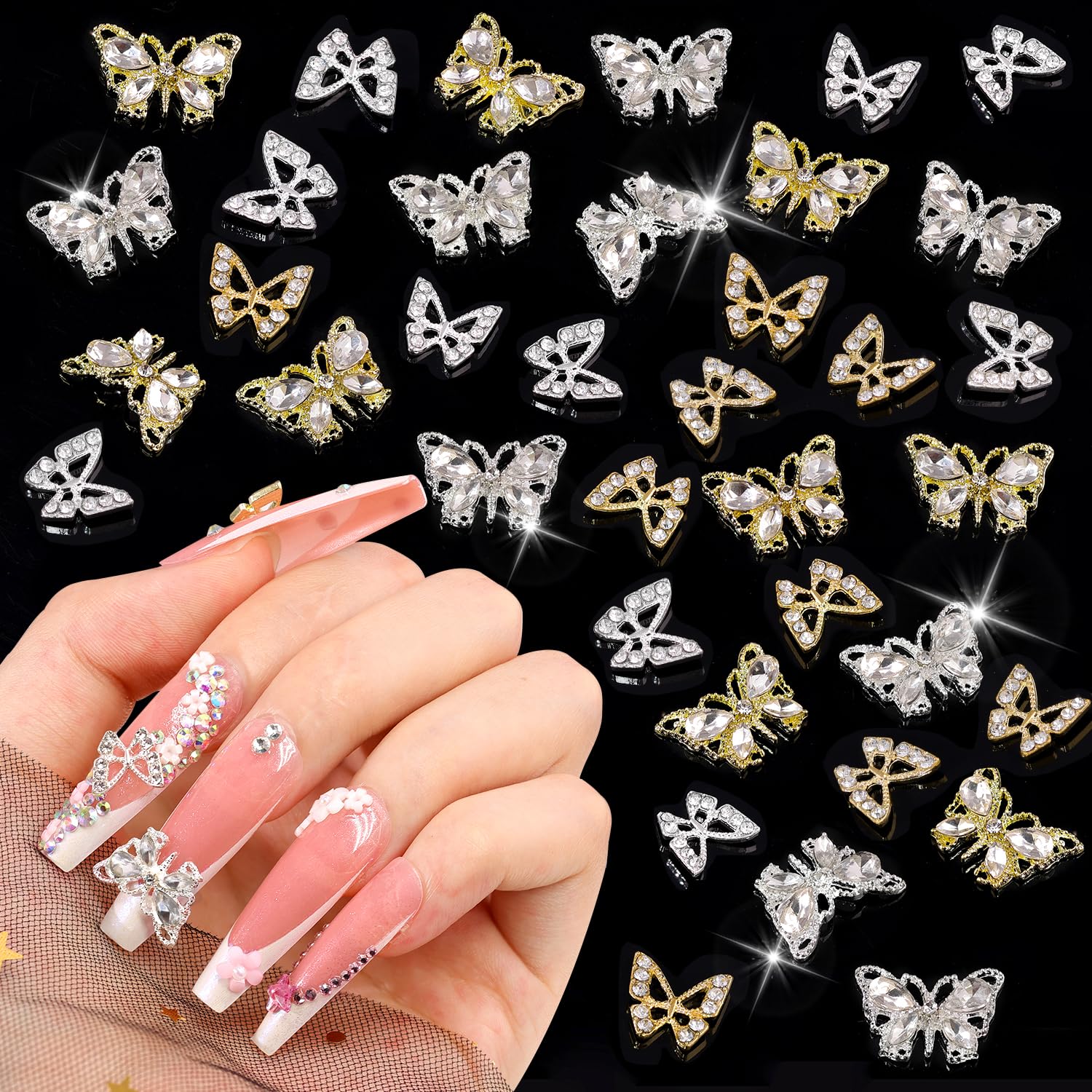 40Pcs 3D Butterfly Nail Charms, Gold + Silver Multi Shapes Shiny Luxury Gems, Crystal Diamond Jewels Studs with Rhinestones for 