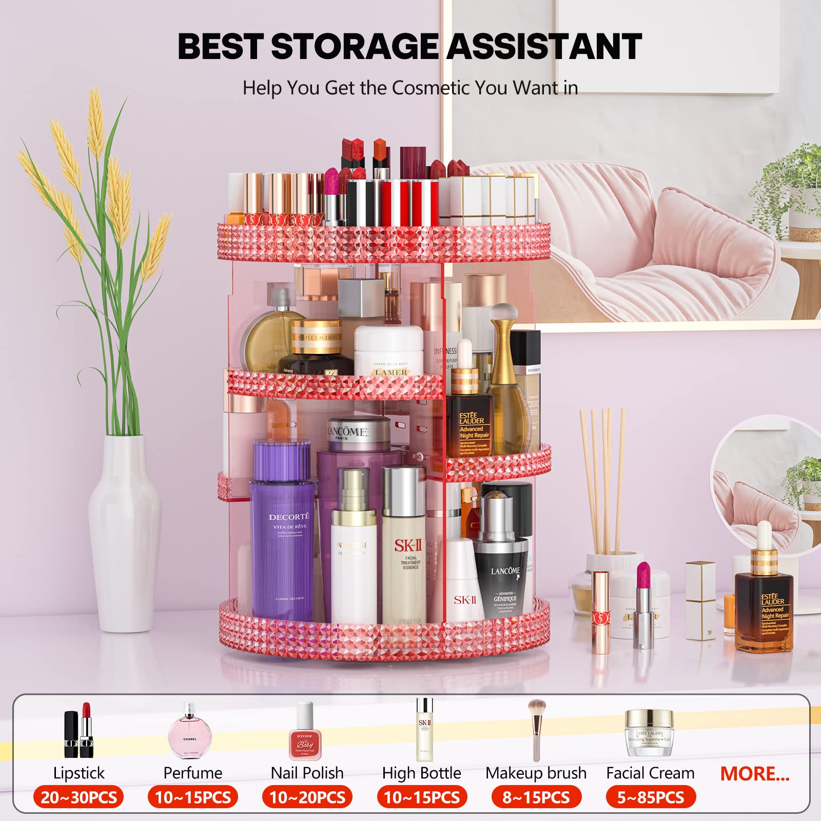 HEMTROY Rotating Makeup Organizer 360 Degree, Plus Size Capacity 7 Layers Adjustable Cosmetic Organizer Fits Vanity Countertop,