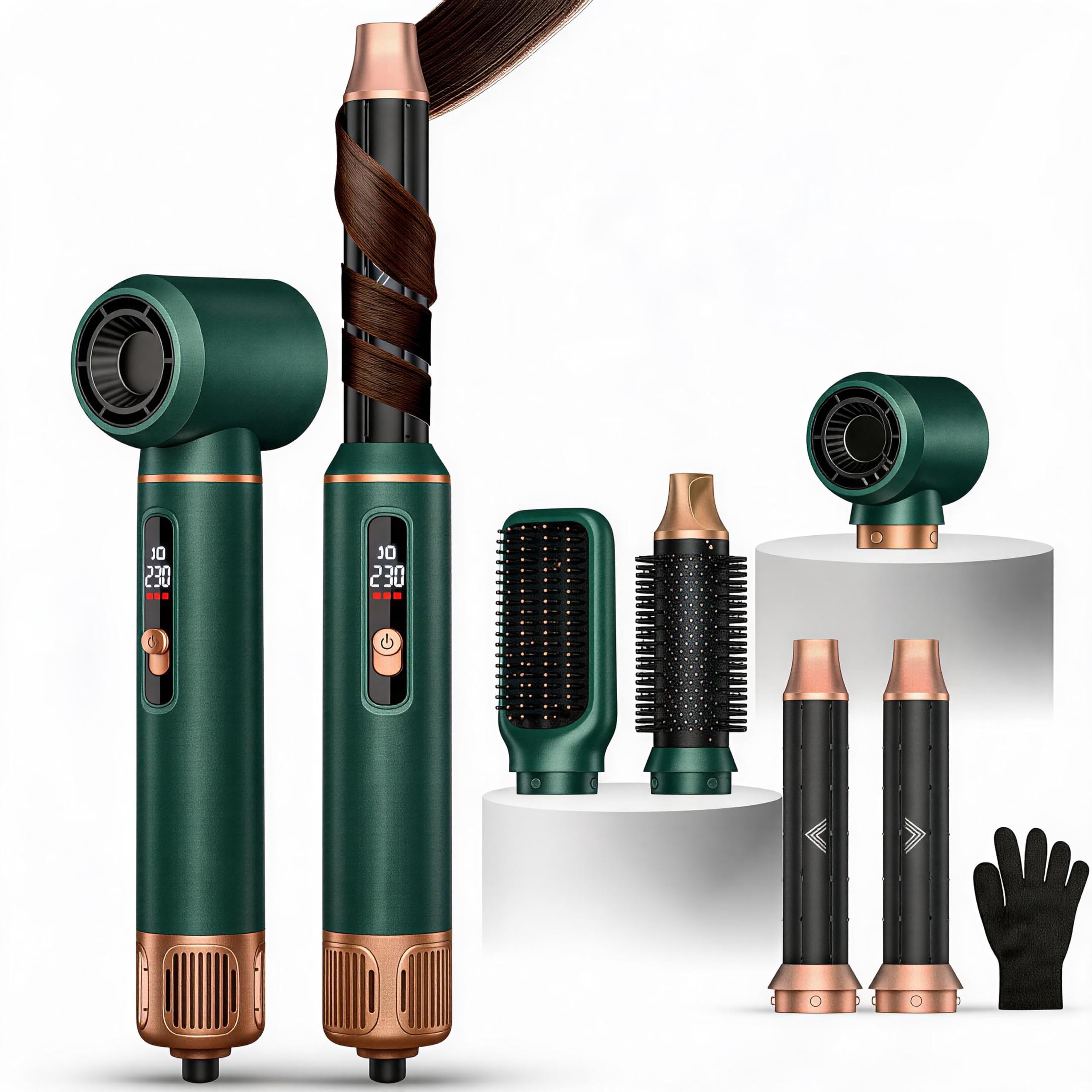 HALOFLY 5 in 1 Hair Dryer Brush and Air Styler with LCD Screen, 122F230F Precision Heat, Green, ALCI Safety Plug, 5 in 1 Hair S