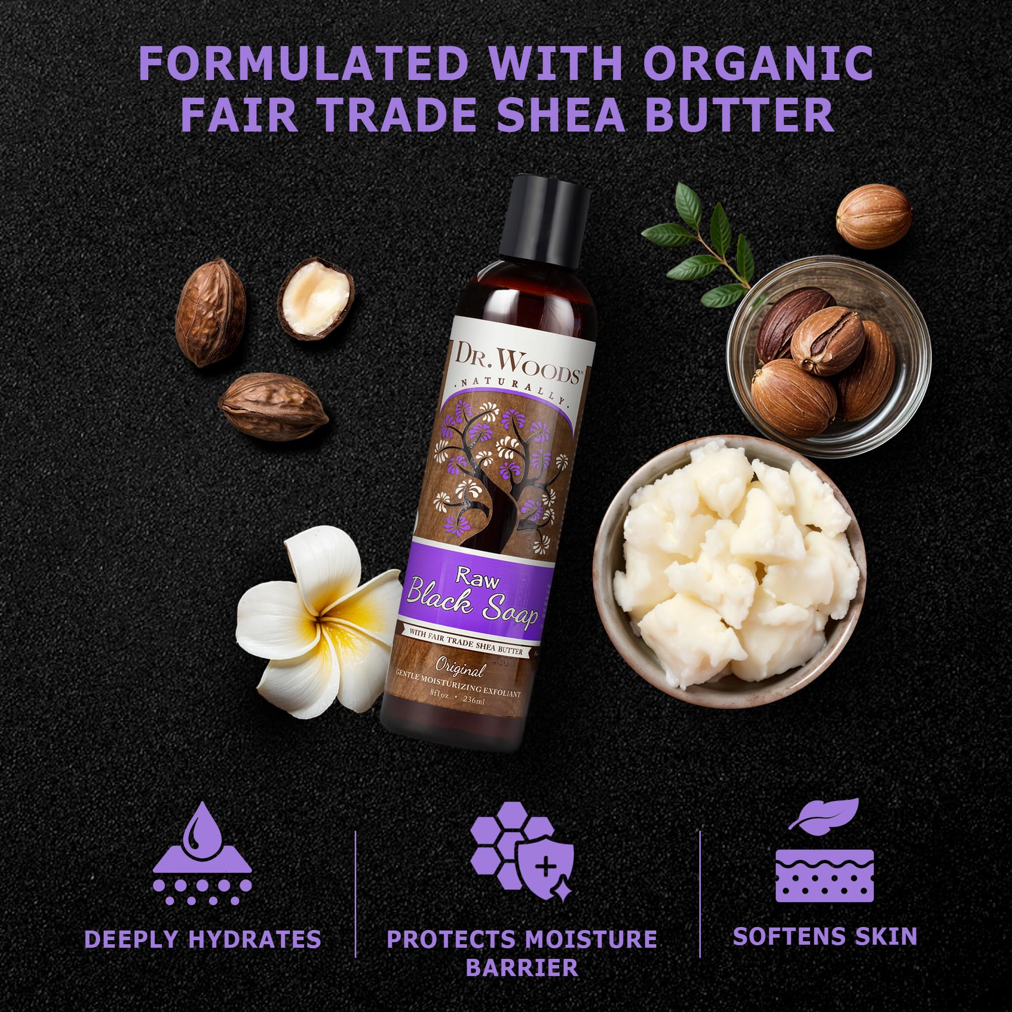 Dr. Woods Raw Black Moisturizing Liquid Castile Soap With Organic Shea Butter, 8 Ounce