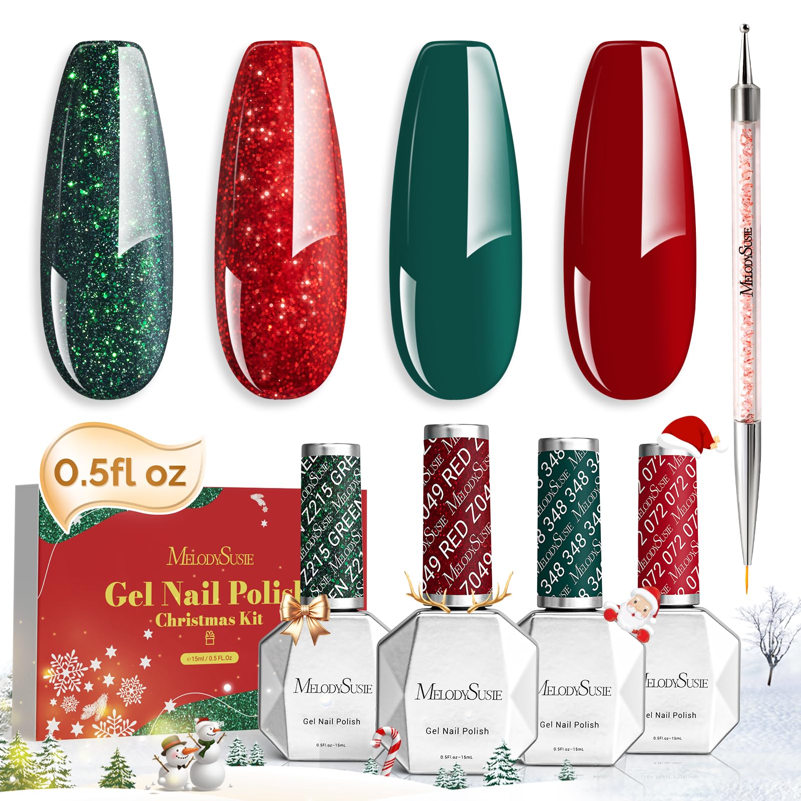MelodySusie 15ML Christmas Gel Nail Polish Set: Christmas 4 Colors Green and Red Gel Polish Nails Soak Off UV LED Christmas Gel 