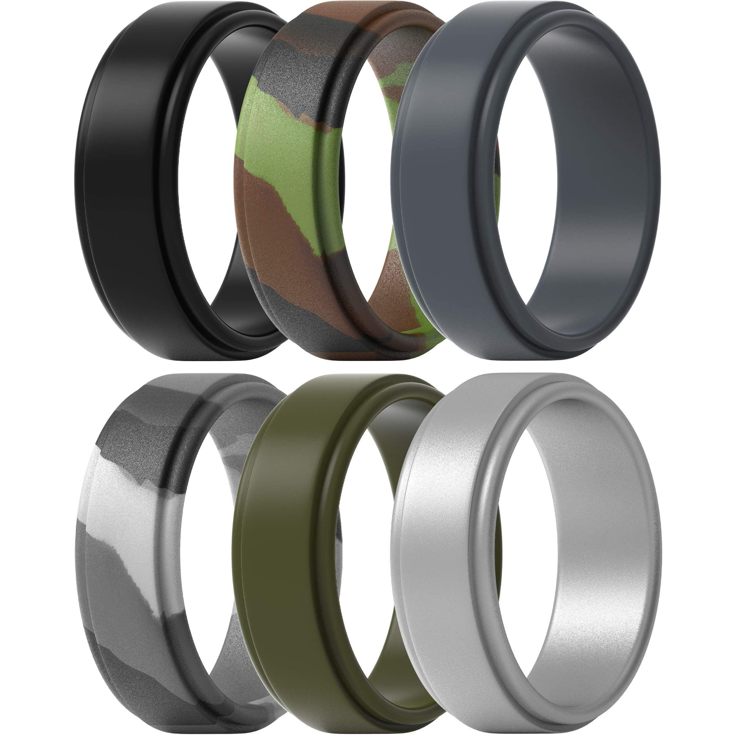 ThunderFit Silicone Wedding Rings for Men - 6 Rubber Engagement Bands - 8mm Width - 2mm Thickness (Black, Green Camo, Olive Gree