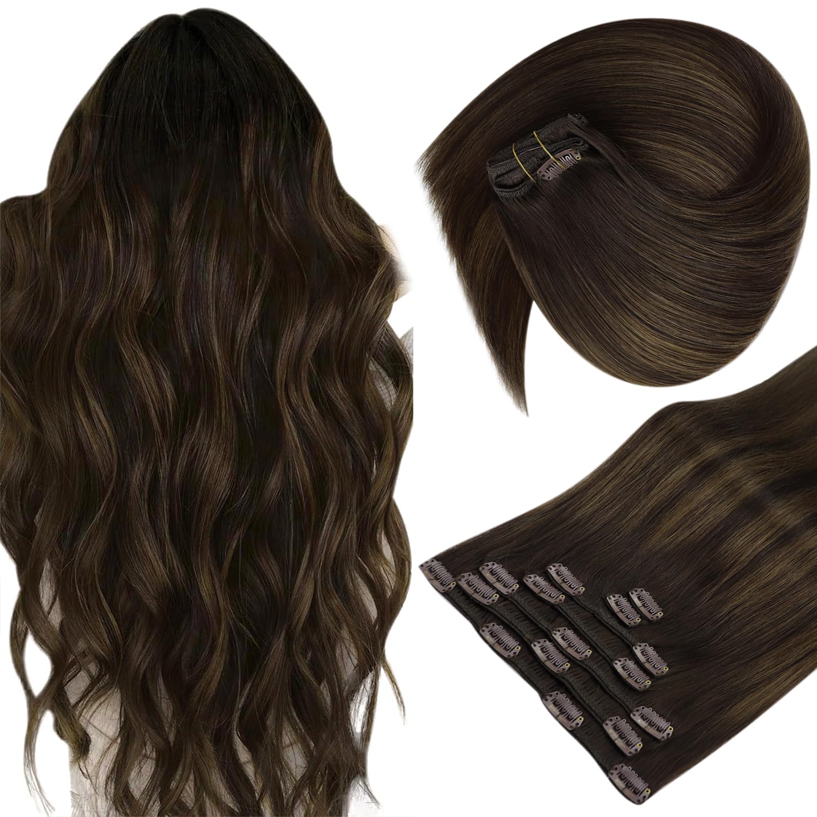 Sunny 150g Clip in Hair Extensions Real Human Hair Brown Human Hair Clip in Extensions Dark Brown Balayage Medium Brown Clip in 