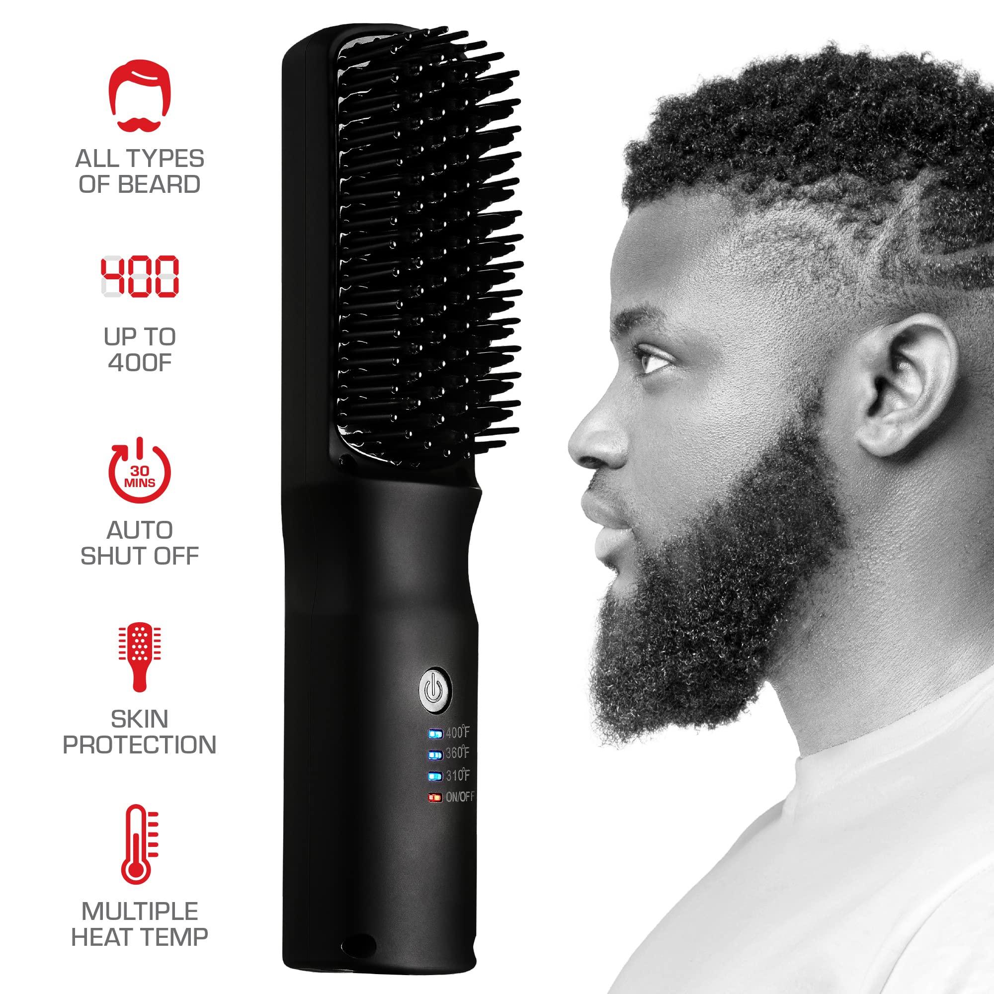 Red By Kiss Beard & Hair Straightener, Secure Auto Shut-Off, 2 In 1 Heated Straightening Beard Brush 360 Degree Swivel Cord Temp