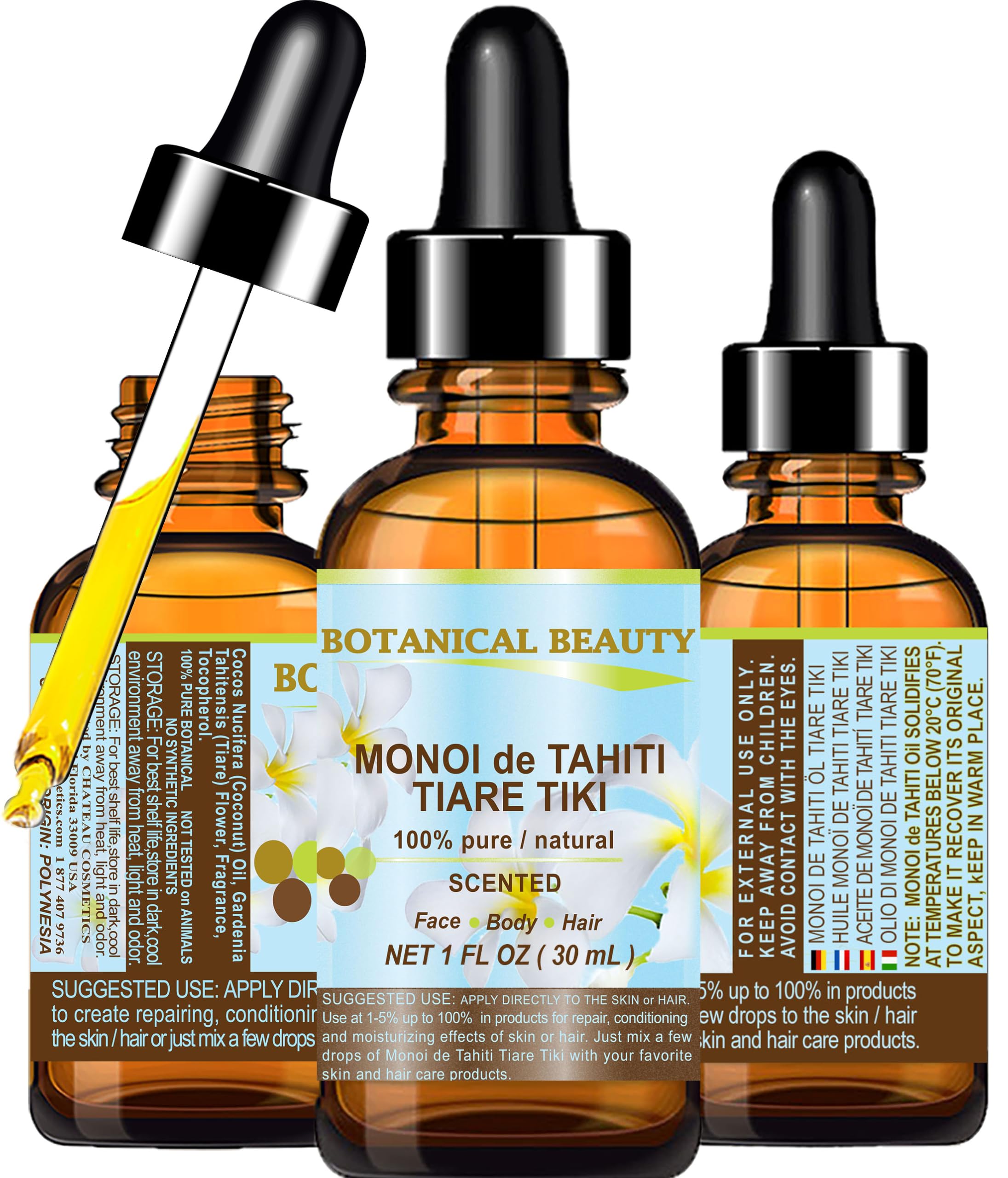 Botanical Beauty MONOI de TAHITI OIL TIARE TIKI 100% Pure Natural Undiluted Virgin 1 Fl. Oz.- 30 ml for FACE, SKIN, BODY, HAIR, 
