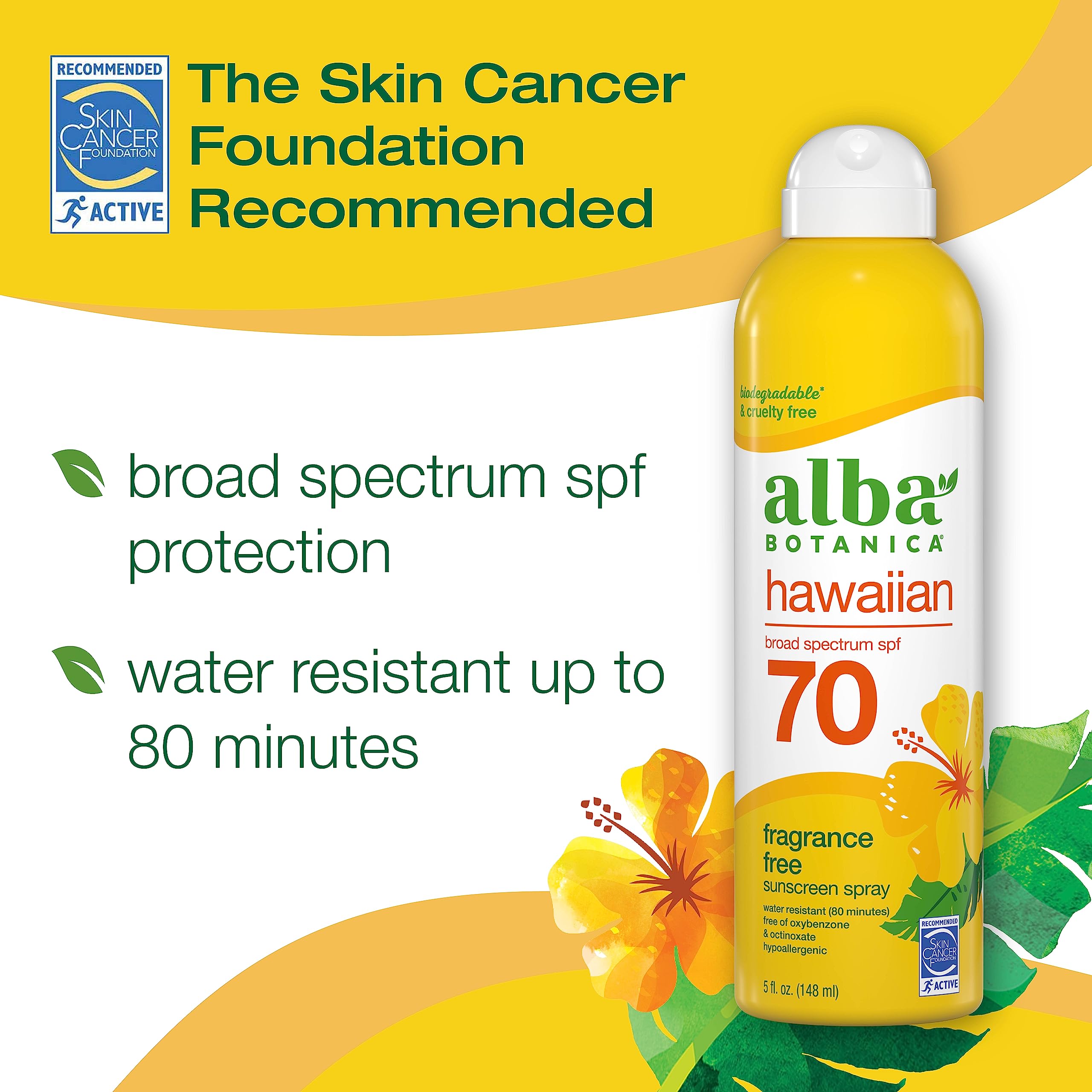 Alba Botanica Sunscreen Spray For Face And Body, Broad Spectrum Spf 70 Sunscreen, Hawaiian Coconut, Water Resistant And Biodegra