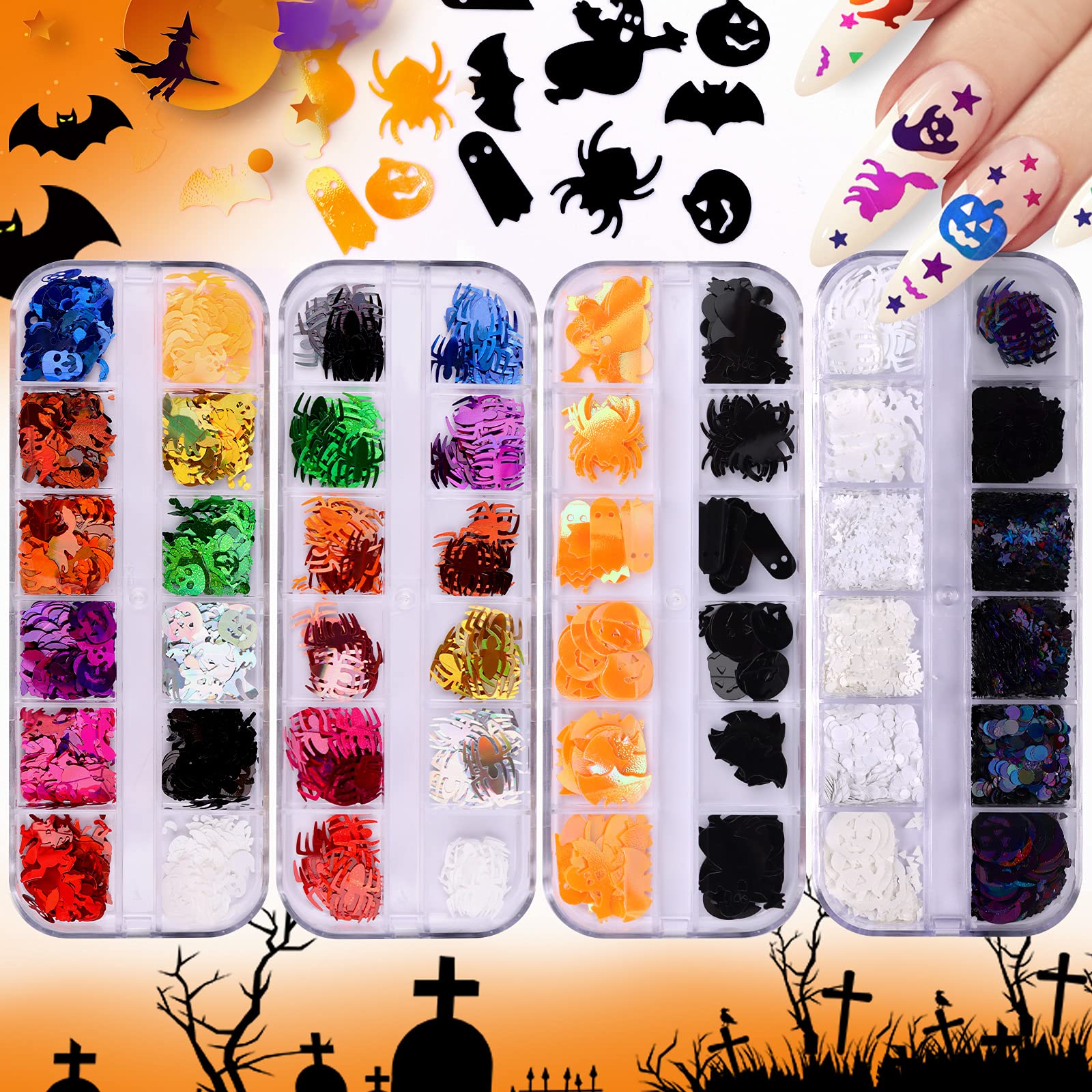 Ebanku 4 Boxes Halloween Nail Art Glitter Sequins, 3D Holographic Skull Spider Pumpkin Bat Ghost Witch Shape Nail Glitter Flakes