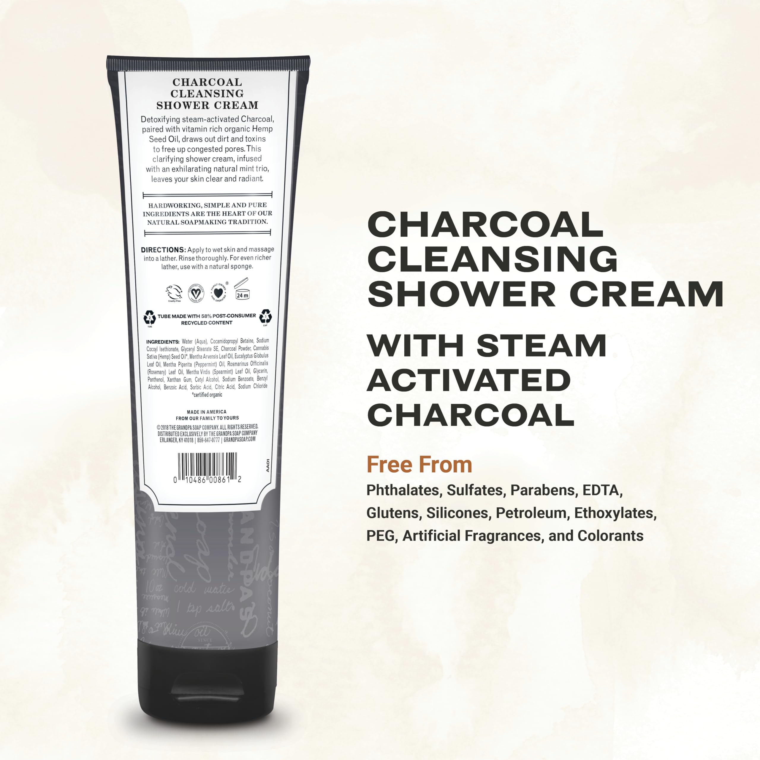 The Grandpa Soap Company Charcoal Cleansing Shower Cream - Clarifies & Restores Congested Pores, With Activated Charcoal & Hemp