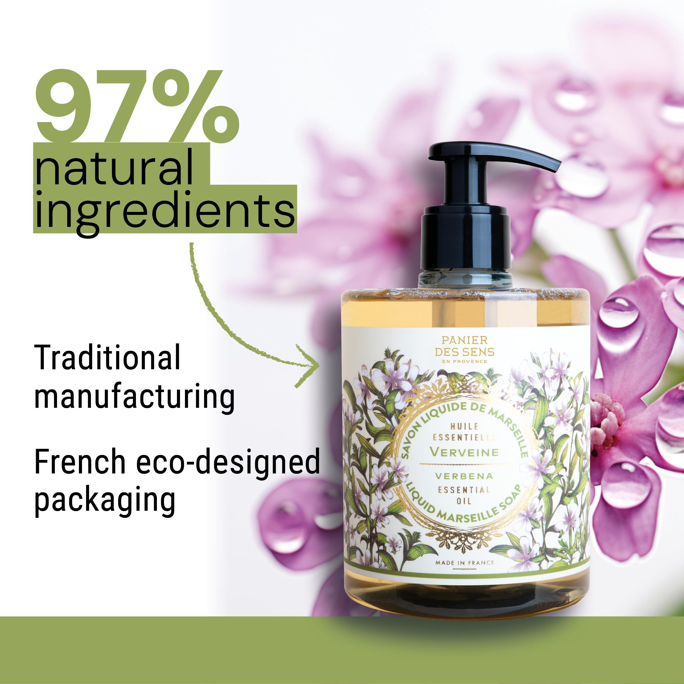 Panier Des Sens - Marseille Liquid Hand Soap - Verbena Hand Wash - Moisturizing Soap With Coconut Oil - Bathroom & Kitchen Refil