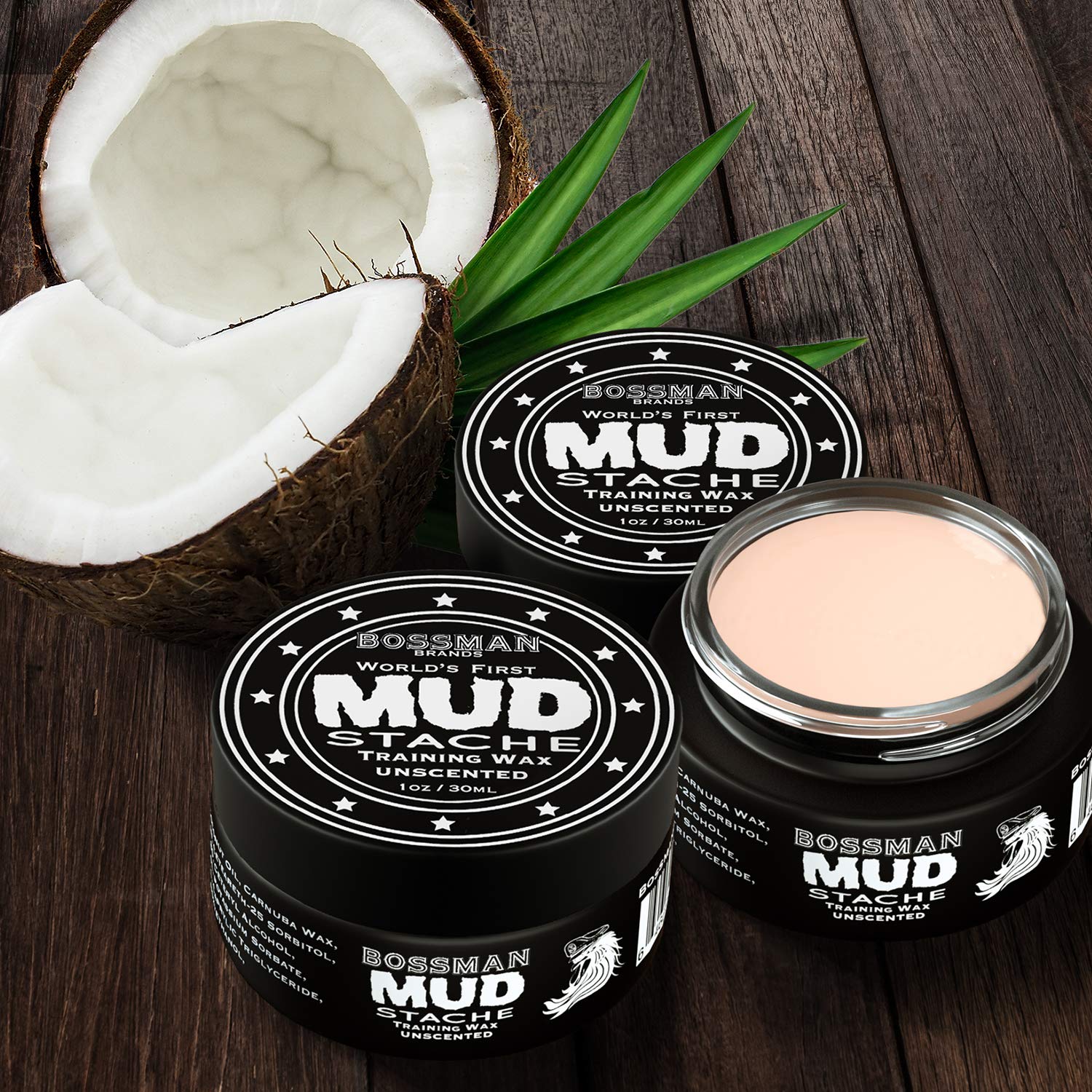 Bossman MUDstache Unscented Mustache Wax - 2 Pack - No Pull - Spreads Easy for a Strong Non-Tacky 24 hr Hold - Tame, Train and S