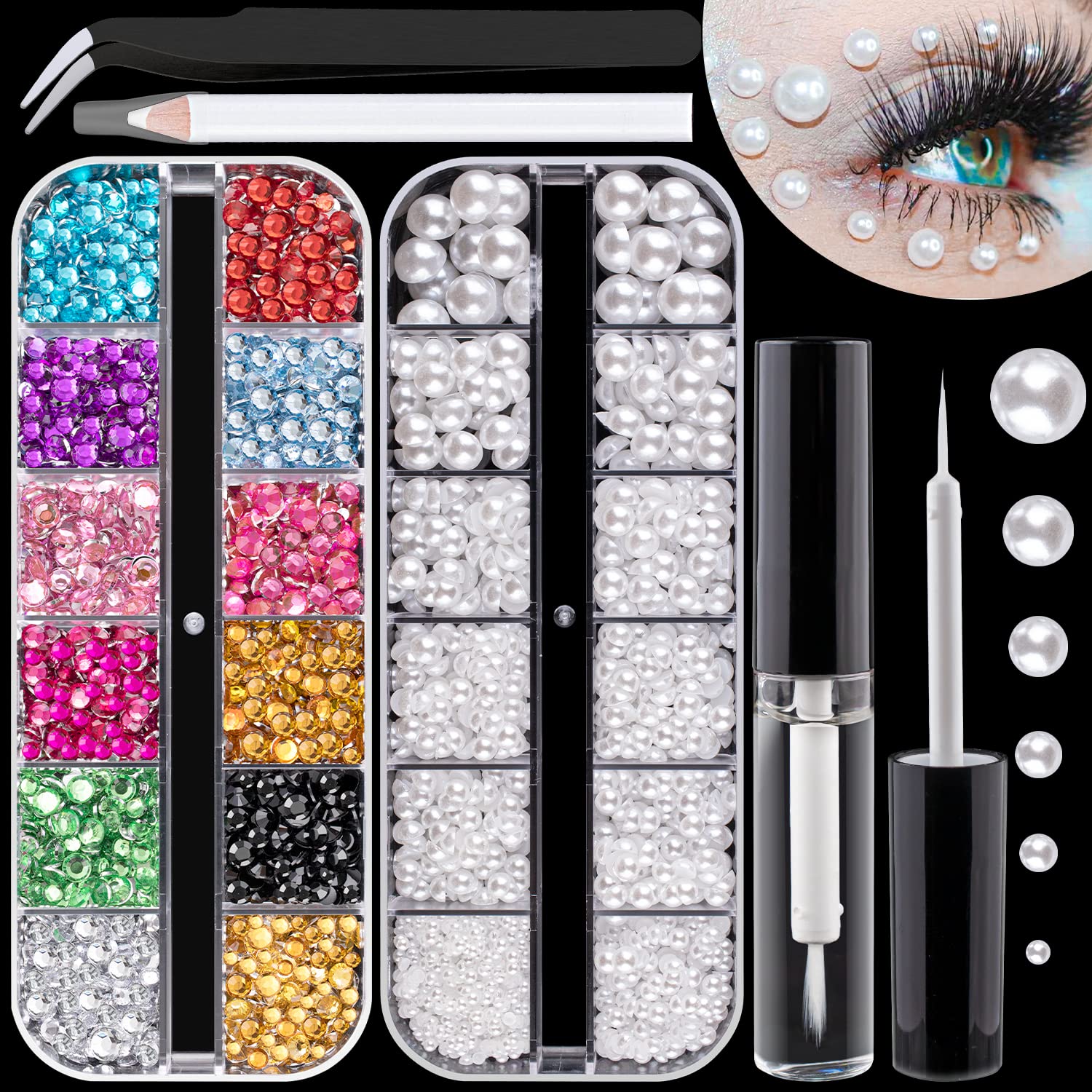 Flat Back RhinestonesPearls Kits Round colorful gemsWhite Pearls With Quick Dry Makeup gluePicker PencilTweezer For Nail Art And