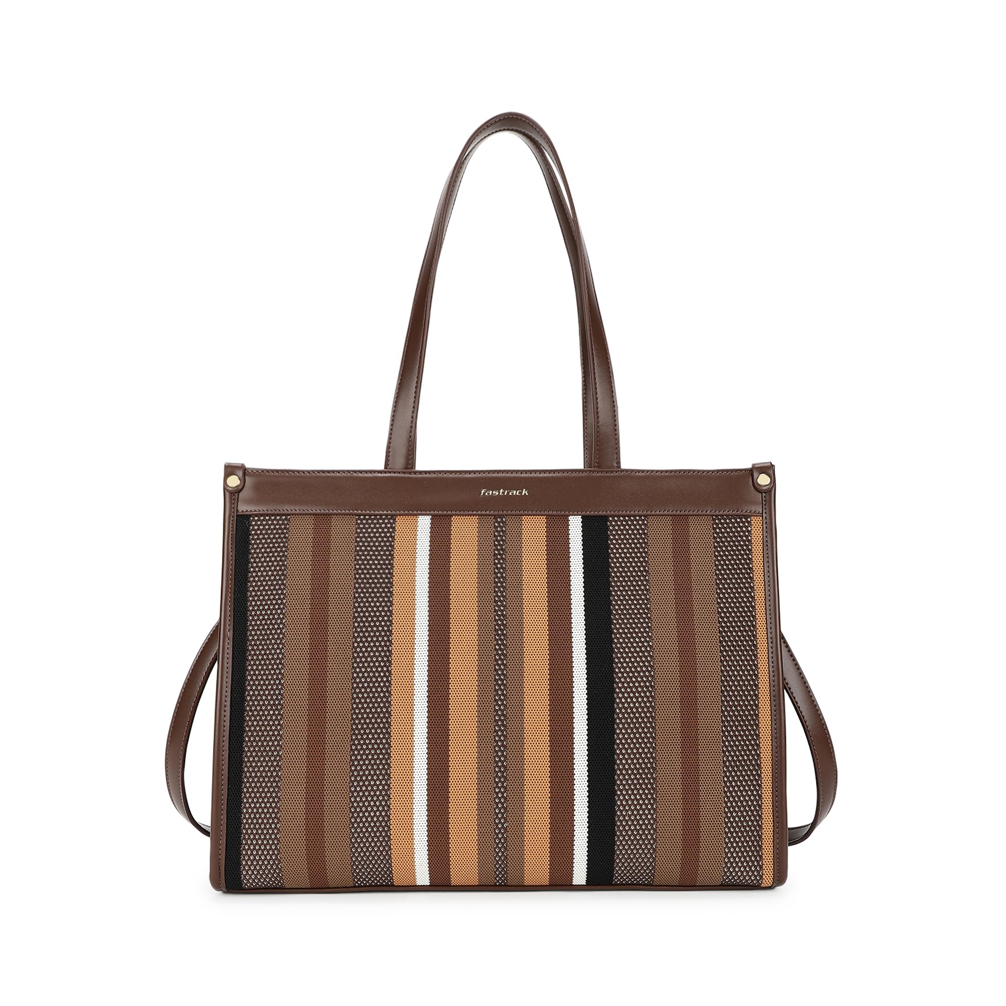 Fastrack Cocoa Weave Laptop Tote Bag For Women |Faux Leather Work Tote With Knit Front Detail | Dual Carry Handles & Detachable 