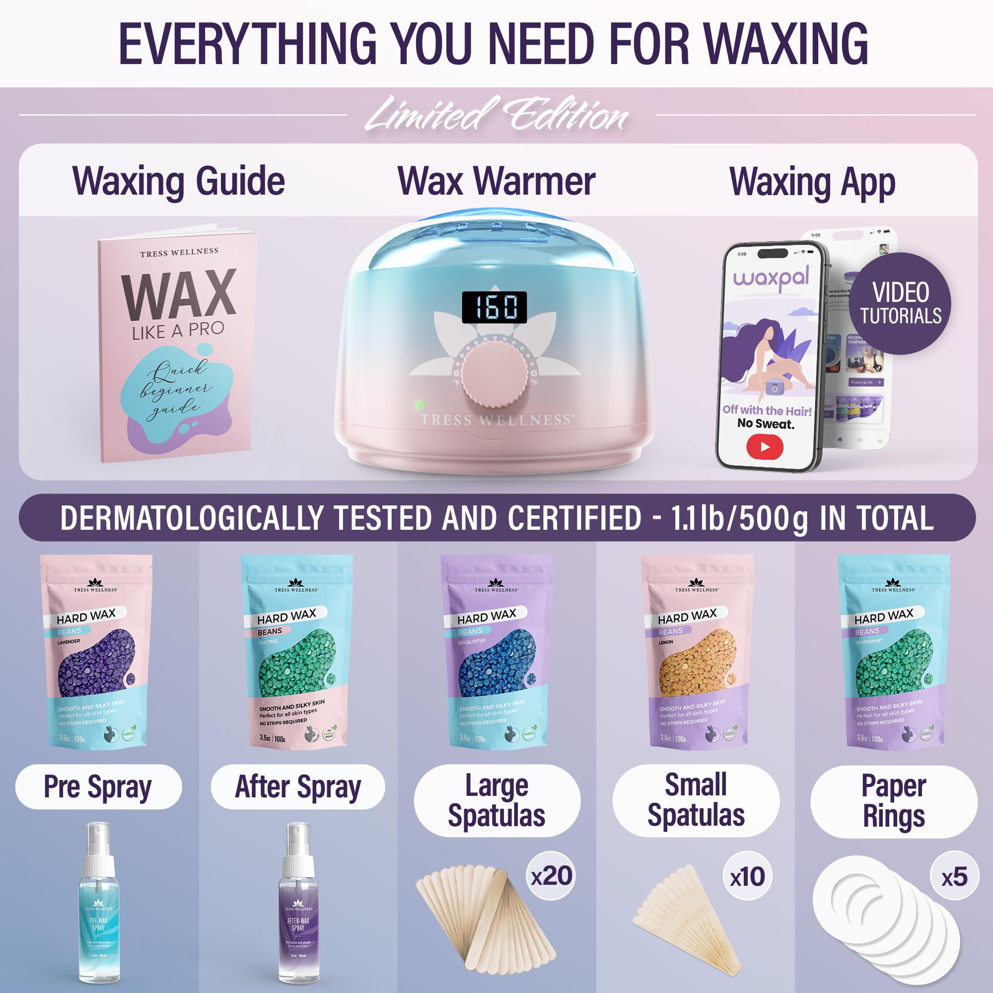 Tress Wellness Waxing Kit For Brazilian Wax - Easy To Use - For Sensitive Skin - Digital Display, Pink To Teal