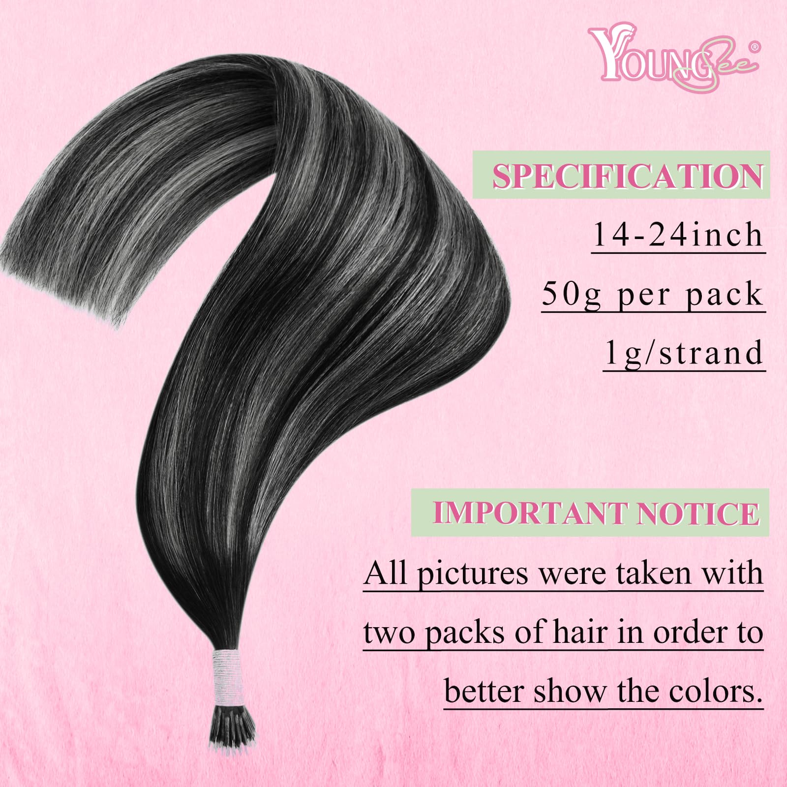 YoungSee Nano Hair Extensions Silver Nanobeads Hair Extensions Human Hair Ombre Black to Silver Nano Rings Hair Extensions Doubl