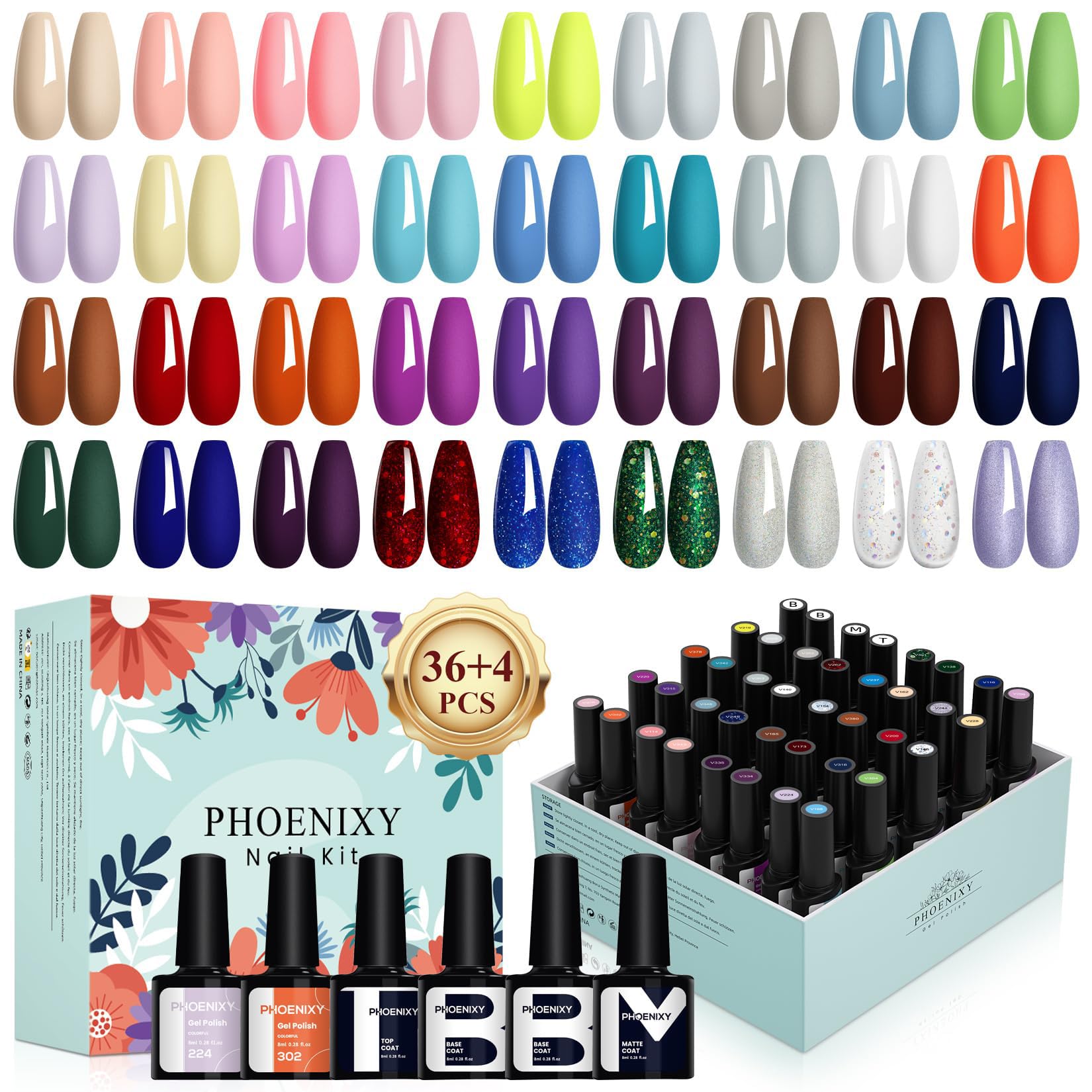 PHOENIXY 40 PCS Gel Nail Polish Kit, 36 Colors 8ml Gel Nail Polish Set with Base Glossy Matte Top Coat Gel Nail Kit Pink Blue Re