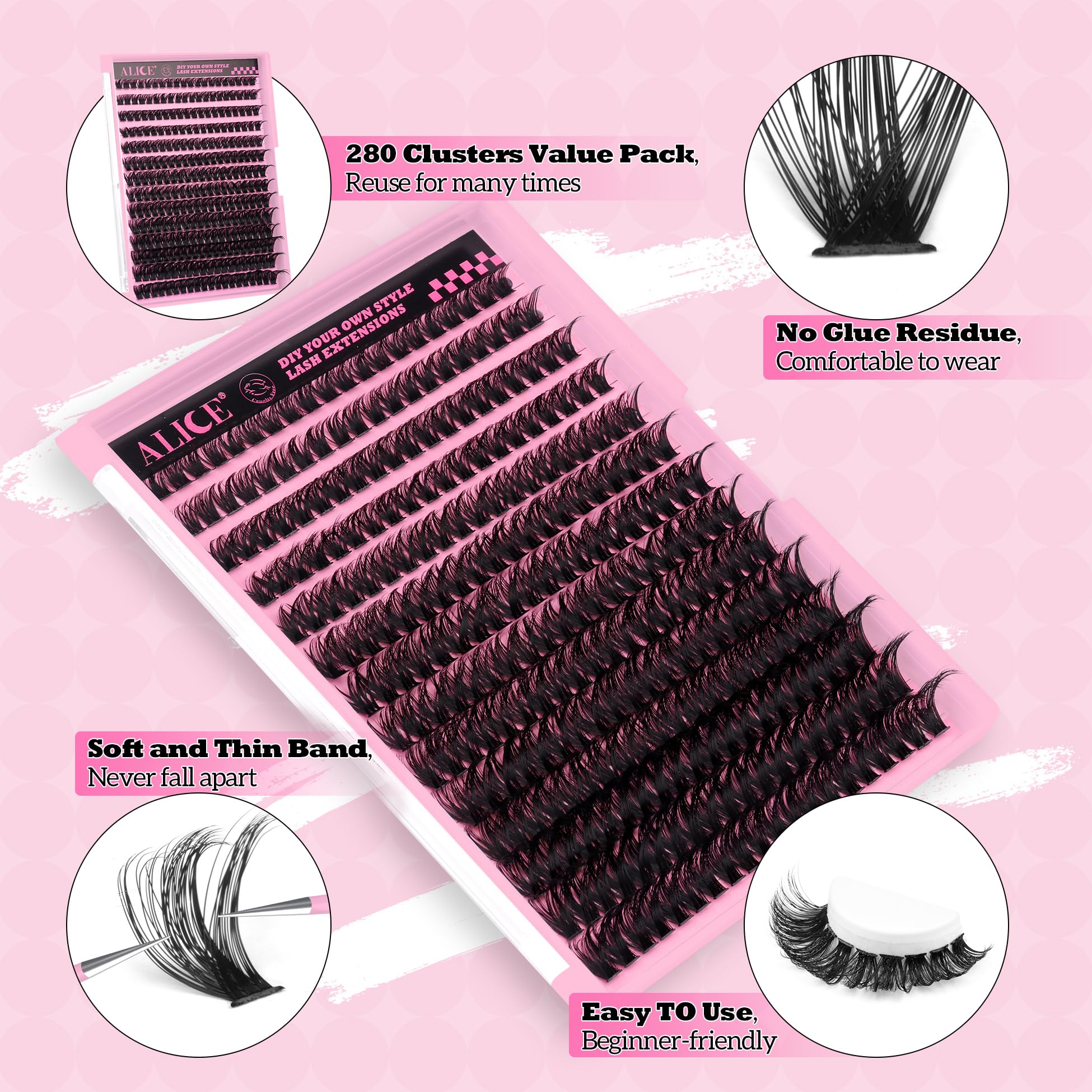 280Pcs Wispy Individual Lashes DIY Eyelash Extensions 8-16MM Fluffy D Curl Lash Extensions Lash Clusters 80D Cluster Eyelashes D