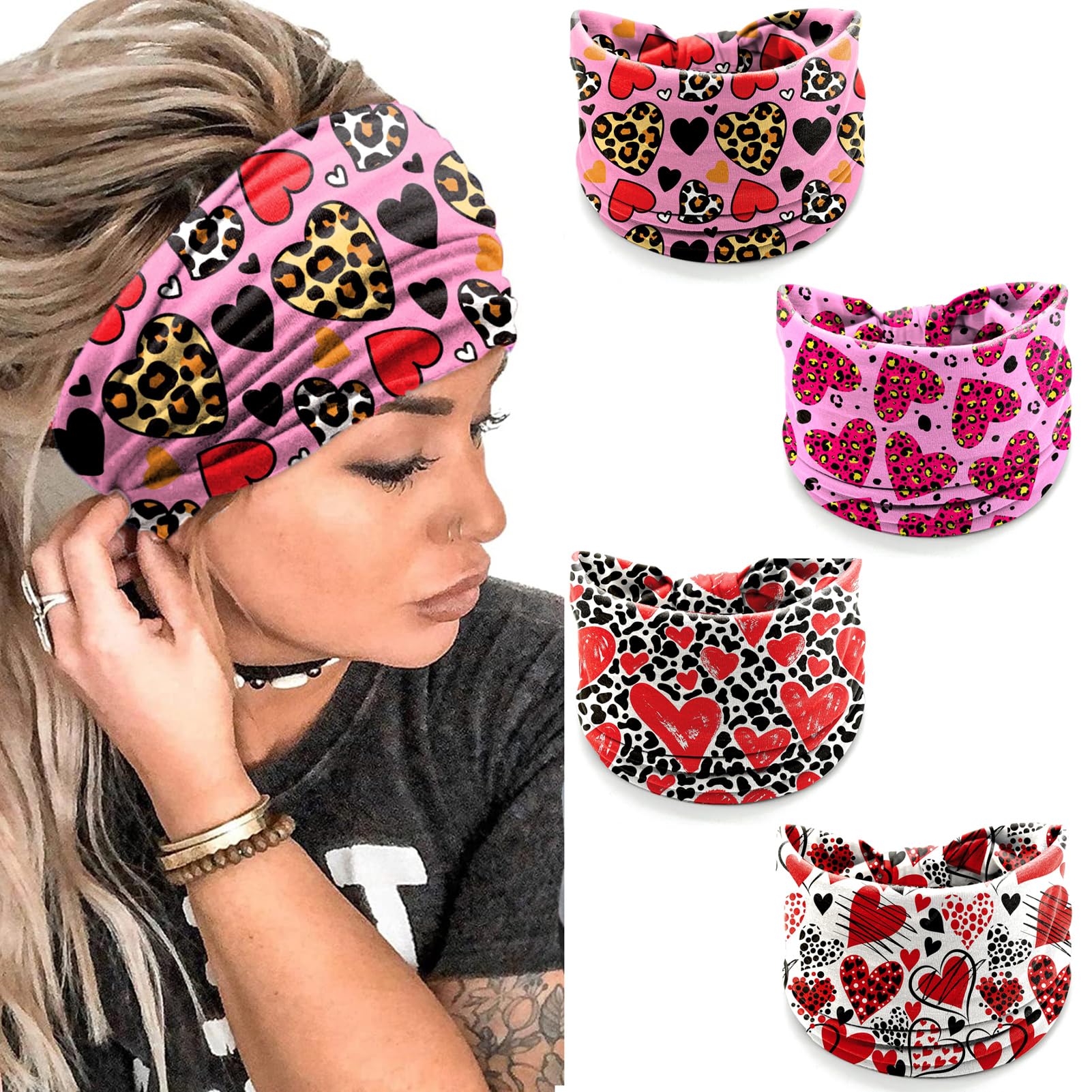 winthrop 4 Pcs Valentines Day Headbands for Women - Pink Leopard Print Spot Heart Love Hair Band, Stretchy Breathable Non-Slip 