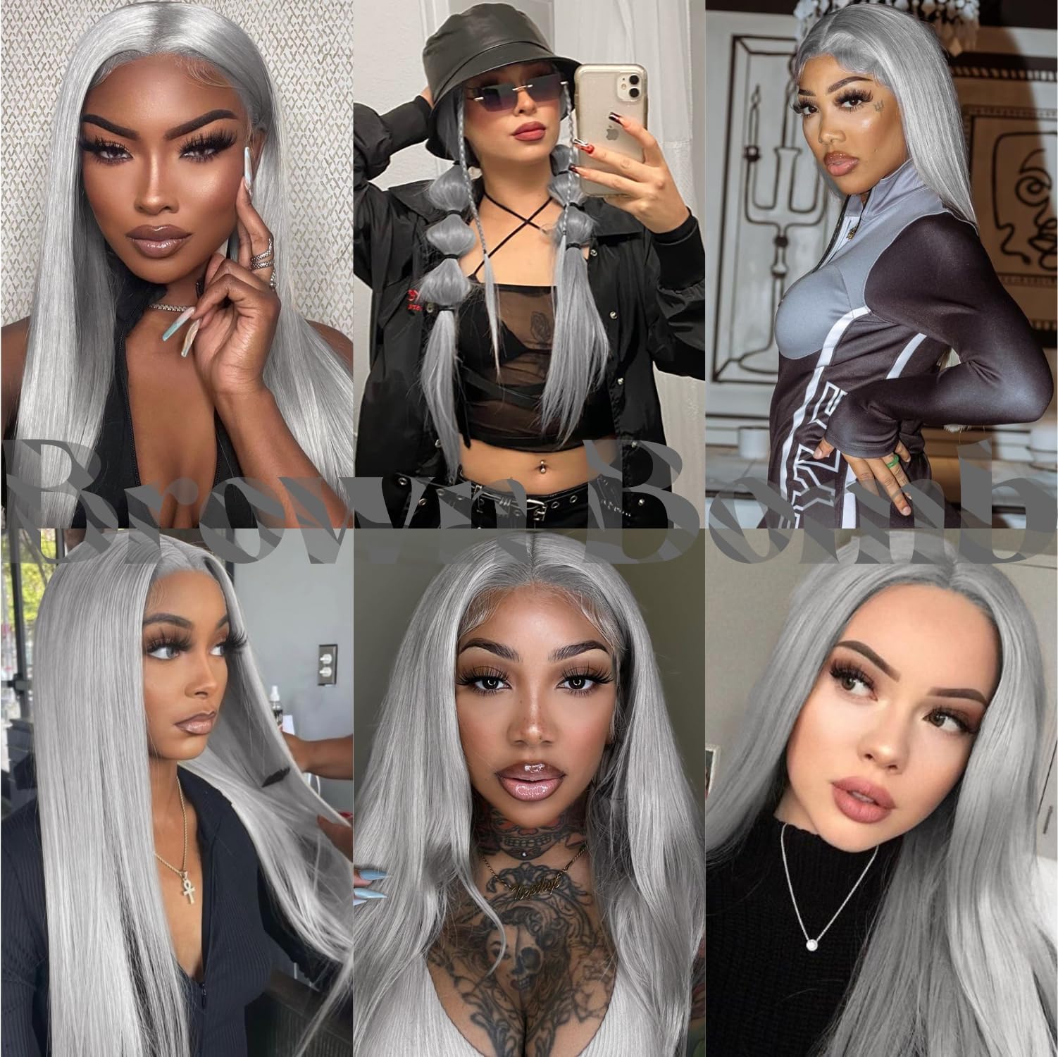 Brownbomb Grey Wig Long Silver Lace Front Wig Pre Plucked Small Knots Ready To Wear, Silver Gray Synthetic Hair Wigs For Women 2