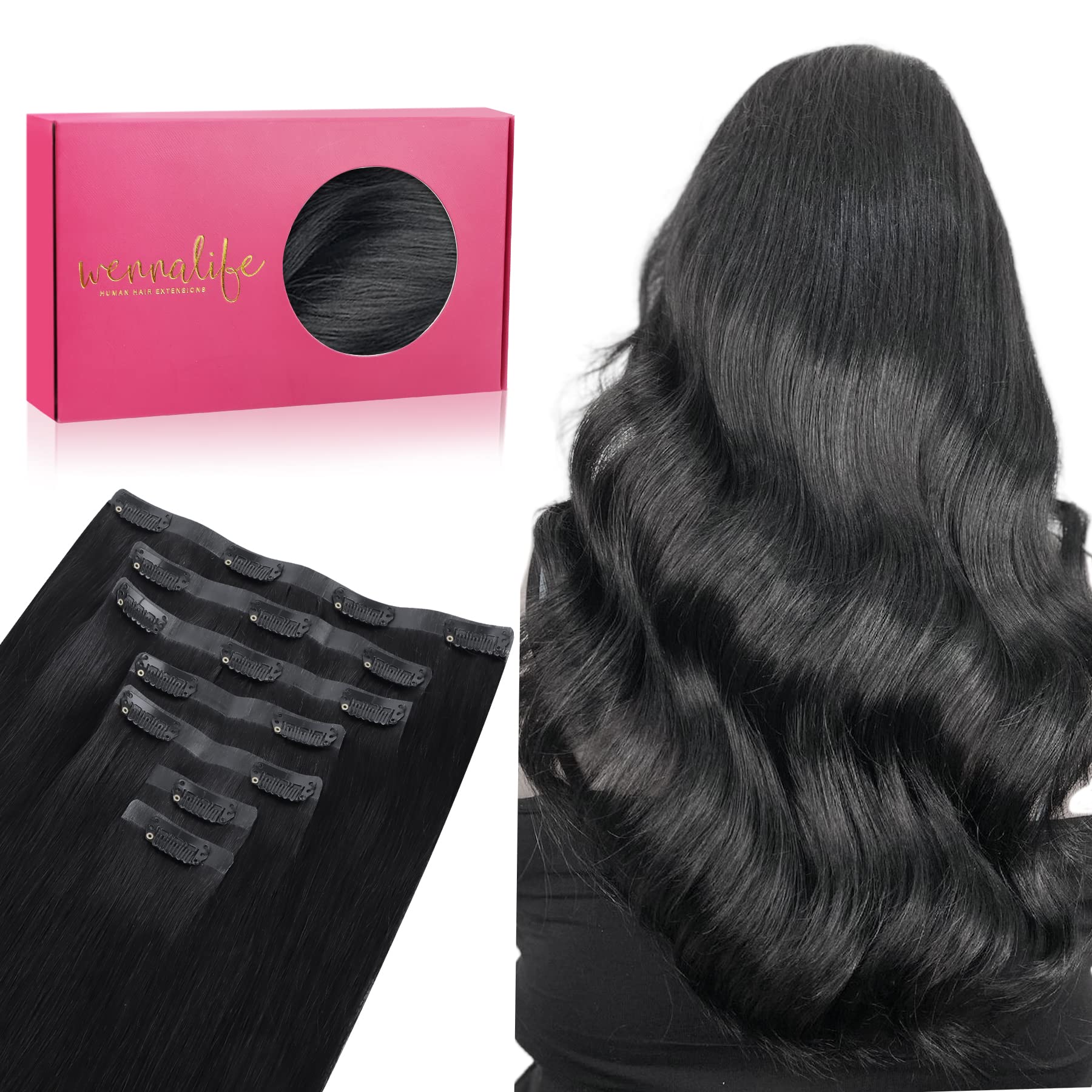 Wennalife Seamless Clip In Hair Extensions, 14 Inch 130G 7Pcs Jet Black Hair Extensions Clip In Human Hair Invisible Pu Skin Wef