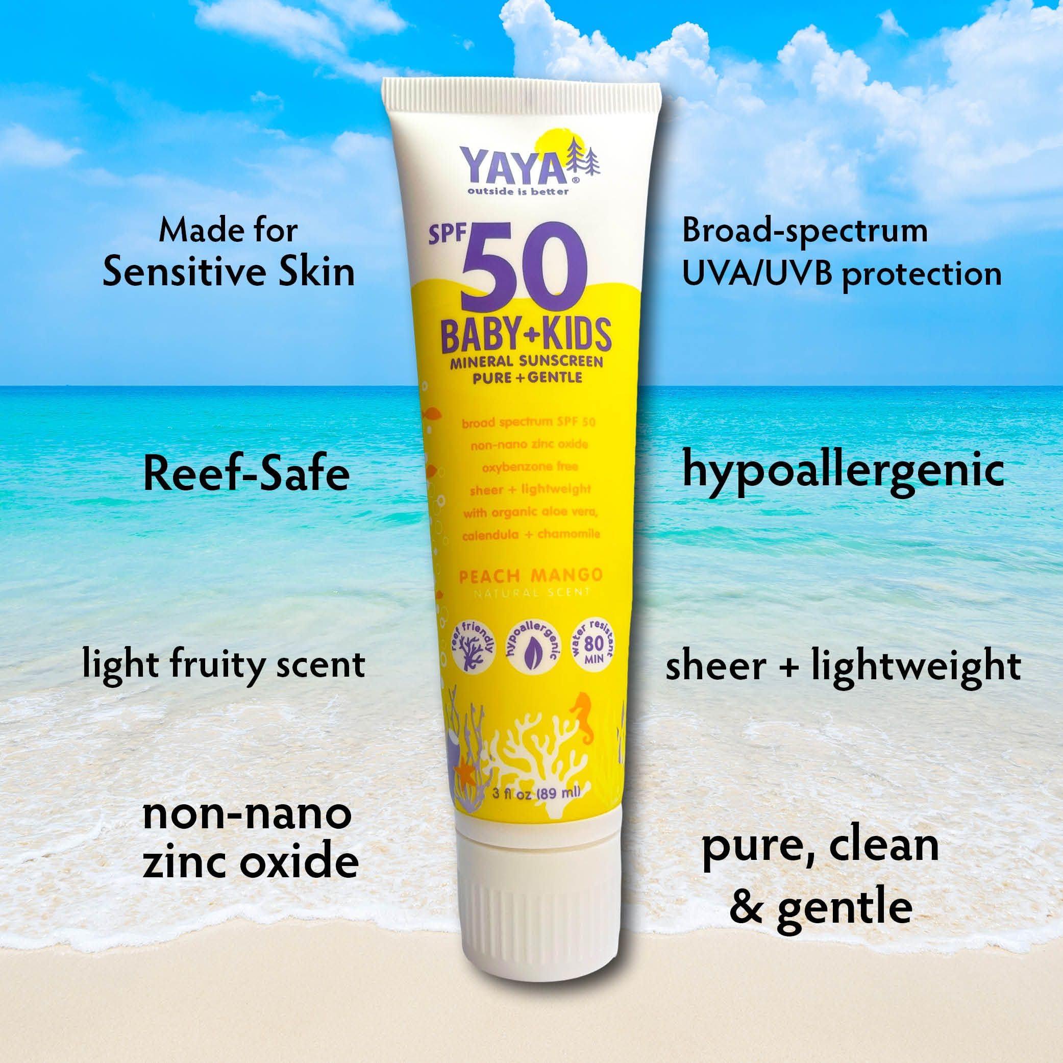 YAYA ORGANICS Baby + Kids Mineral Sunscreen with Free Sponge Applicators, SPF 50, Reef-Friendly, Non-Nano Zinc Oxide, Hypoallerg