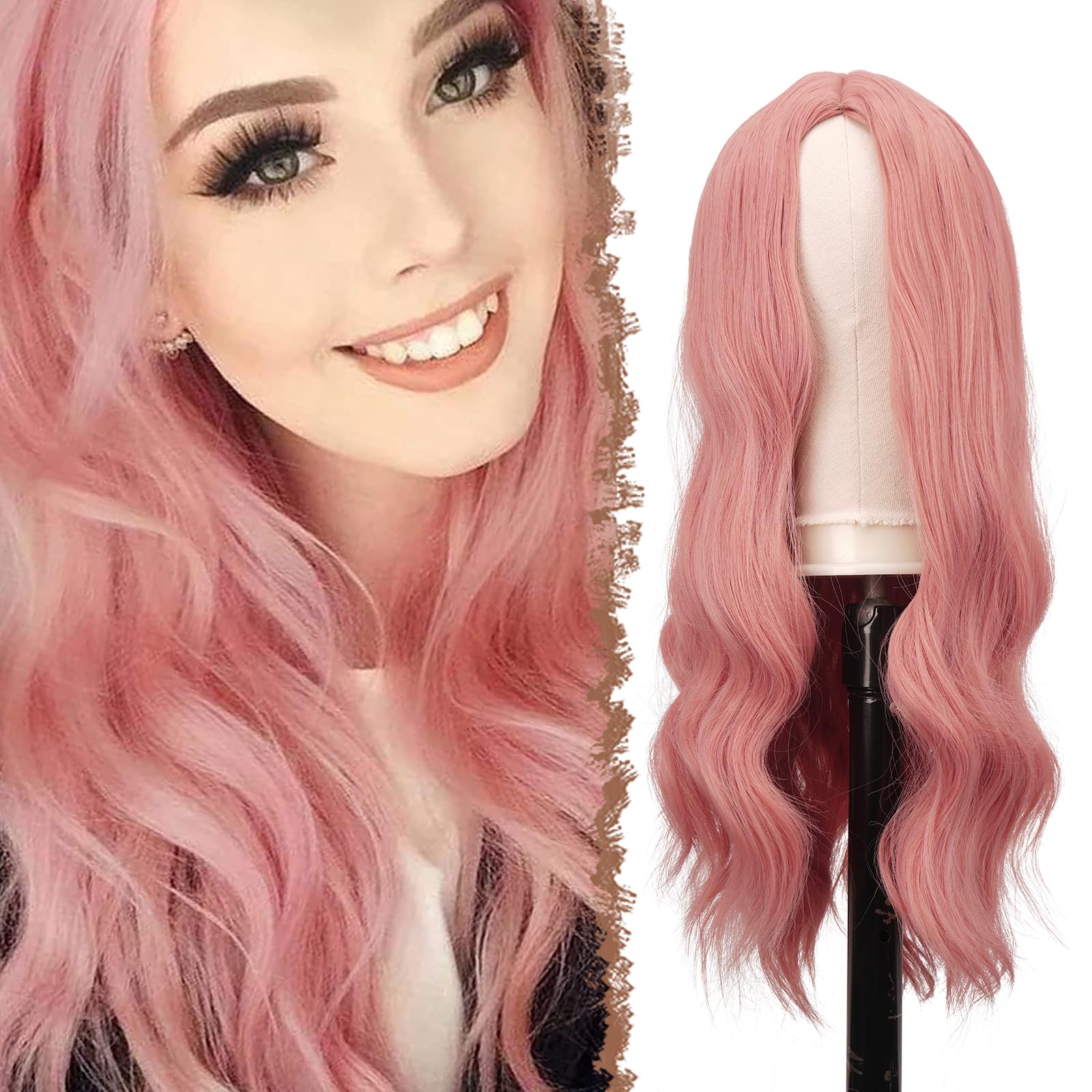 Feshfen Long Pink Wigs For Women 22 Inch Curly Wavy Full Wig Middle Parting Wigs Natural Looking Synthetic Wig Extensions For Da