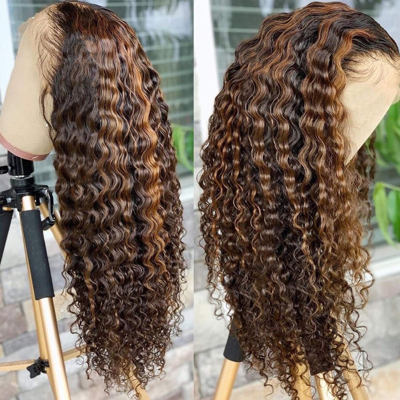 Bly Highlight Human Hair Lace Front Wigs Deep Wave #4/27 Ombre Colored Glueless Wigs Pre Plucked 20 Inch 4X4 Transparent Curly W