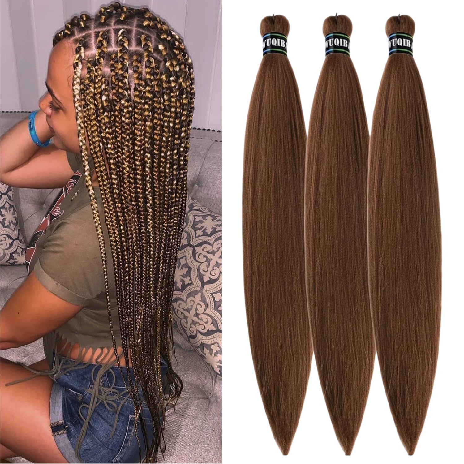 Dark Blonde Brown Braiding Hair Pre stretched Box Braiding Hair Extensions for Knotless Braids Mixed Feed in Braids Hair for Bra