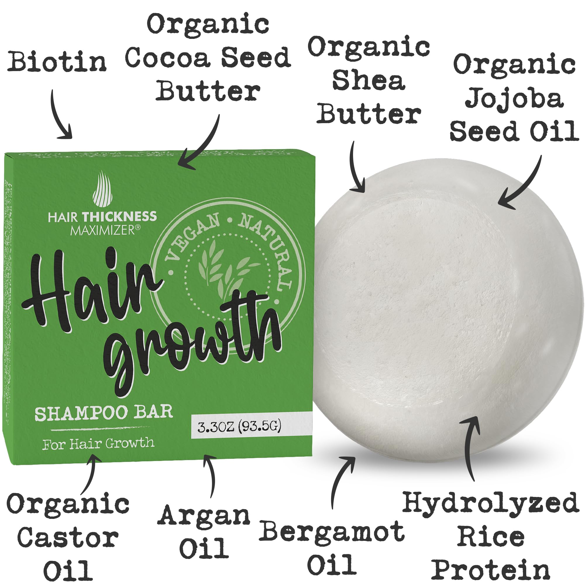 Hair Growth Shampoo Bar With Biotin, Rice Protein, Organic Jojoba. Eco Friendly, Vegan. Color Safe, pH Balanced. No Harsh Chemic