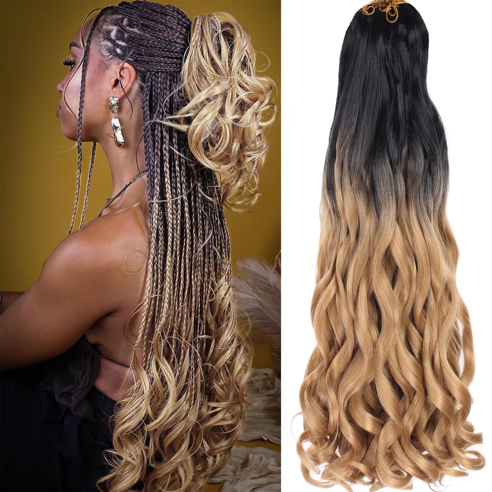 COOKOO 30 Inch 9 Packs Ombre Blonde French Curl Braiding Hair for Women Pre Stretched Curly Braiding Hair for Goddess Box Braid 