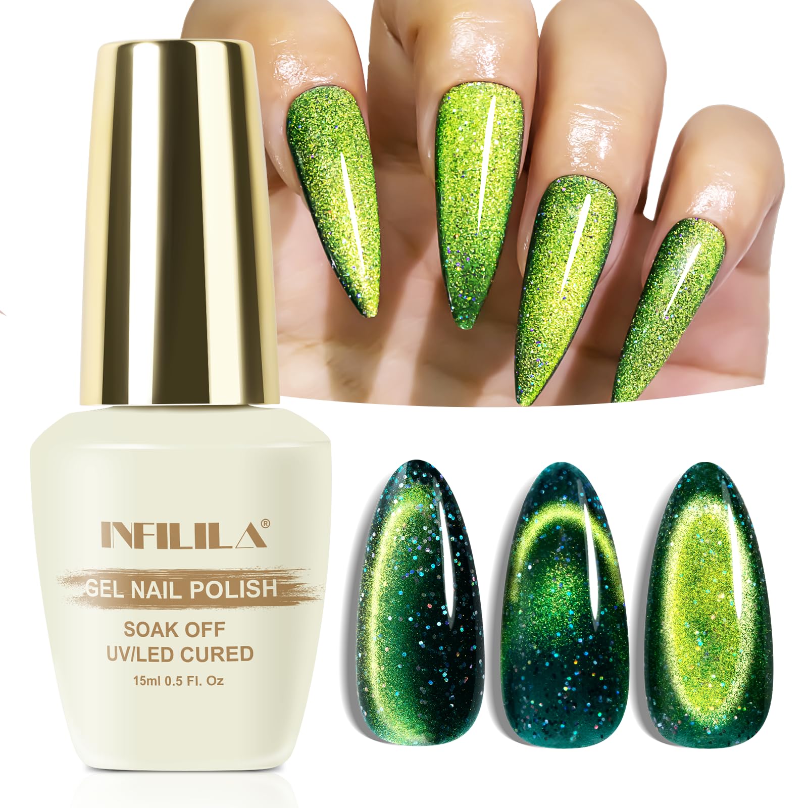 Nxj Infilila Cat Eye Gel Nail Polish,15Ml Cat Eye Gel Polish, Olive Green Gel Nail Polish Glitter Magnetic Gel Nail Polish Hema