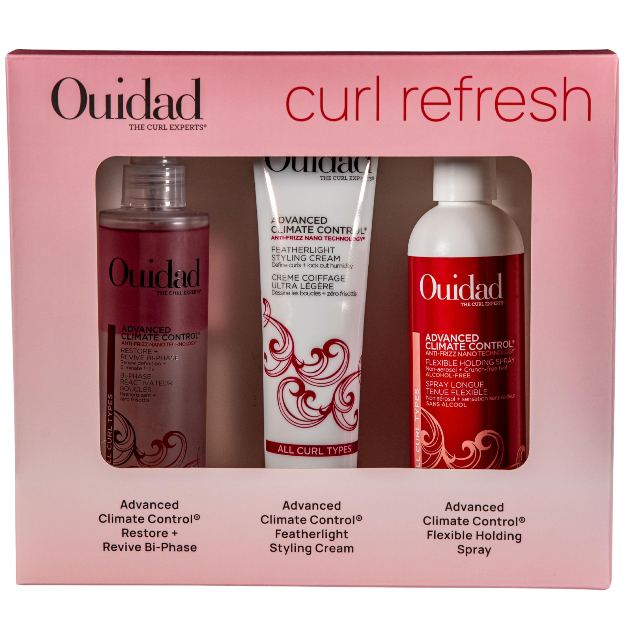 Ouidad Curl Refresh Bundle, Frizz Control Curl Defining Spray, 6 oz, Curly Hair Cream, 5.7 oz & Flexible Holding Spray, 8.5 oz, 
