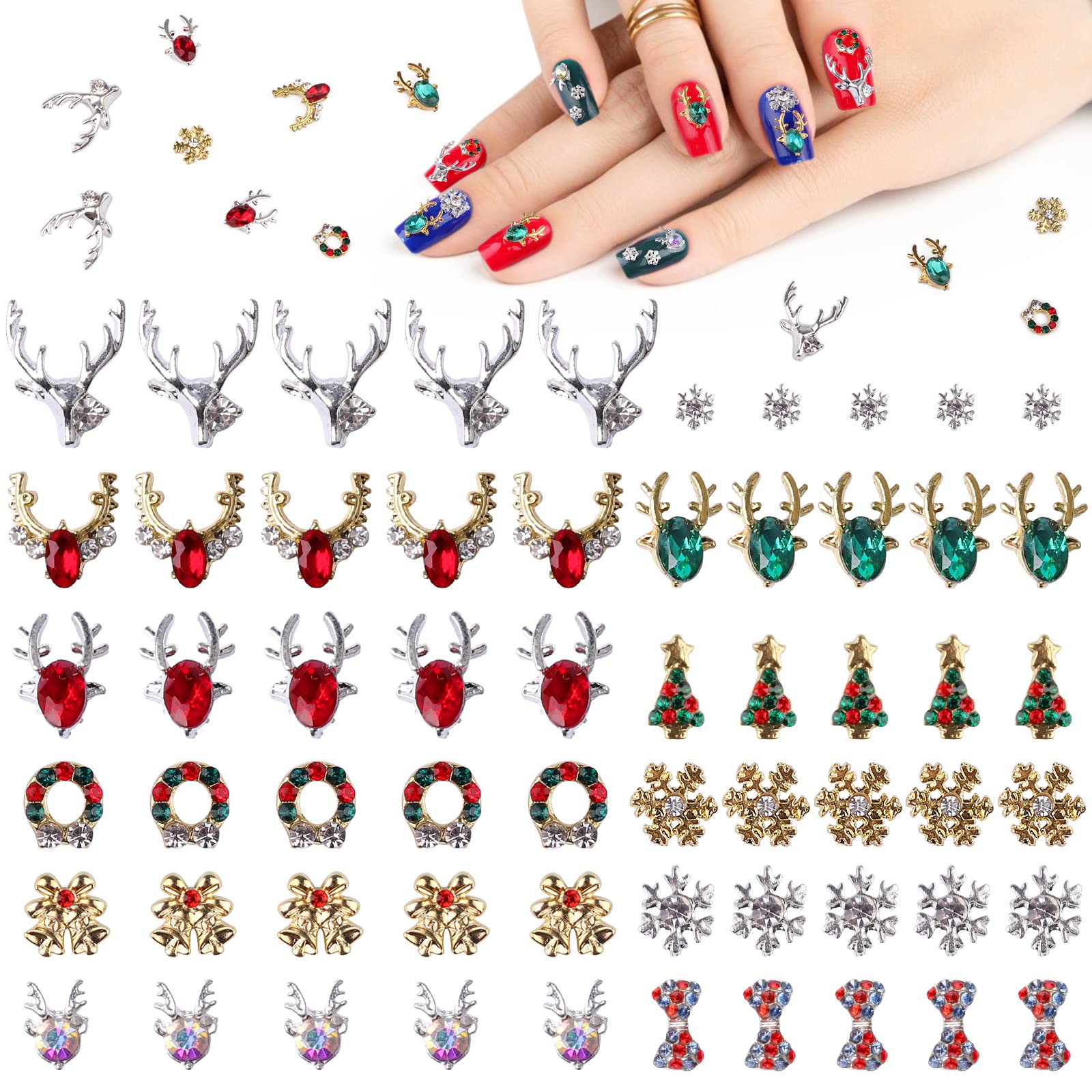 EBANKU 60 Pcs Nail Charms Decorations 3D Colorful Charms for Nails Alloy Christmas Tree Bell Elk Snowflake Nail Art Charms Rhine
